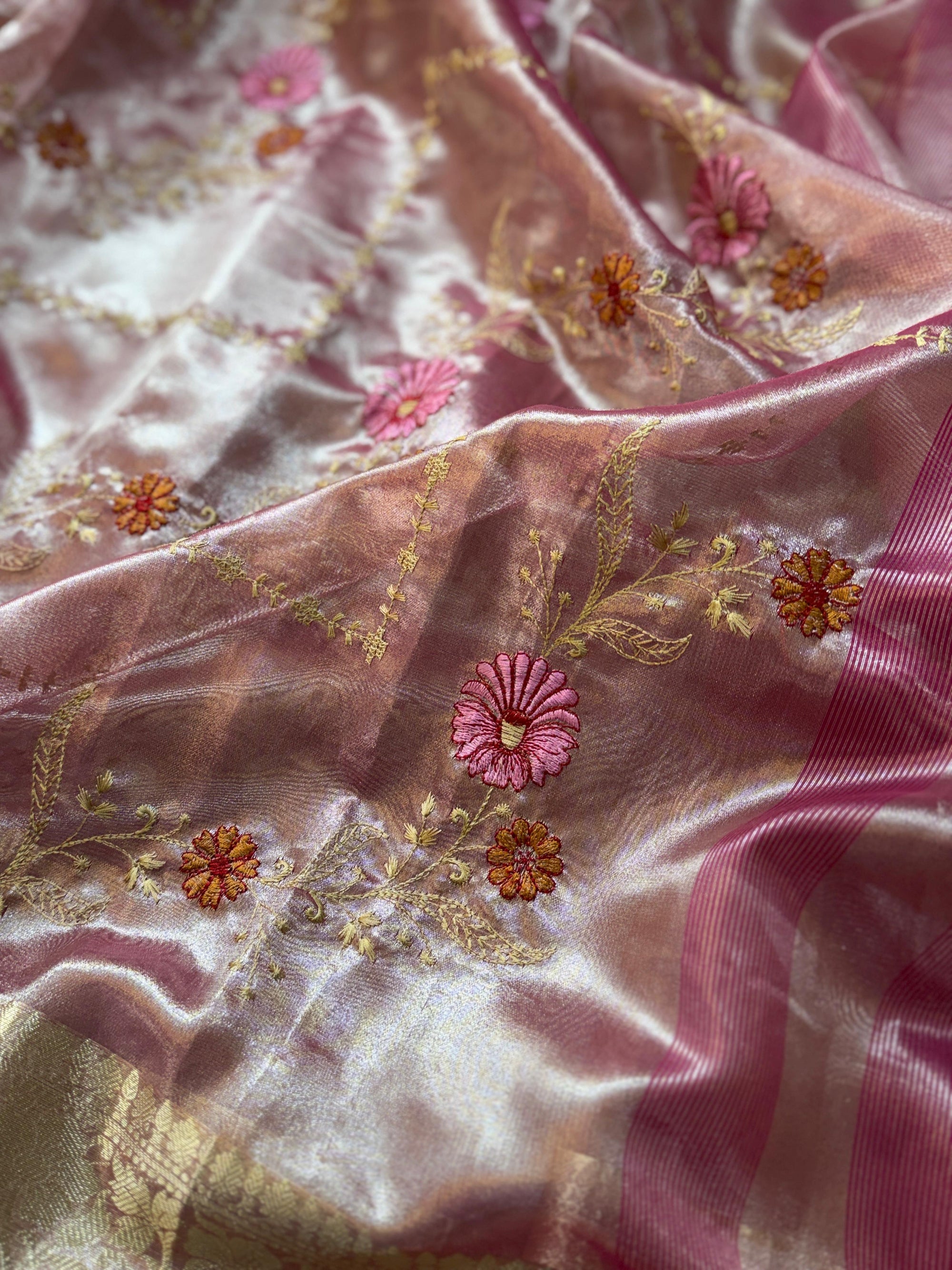 Banarasi Soft Glass Tissue Silk Saree with Meenakari Embroidery and Pearl Lace Border