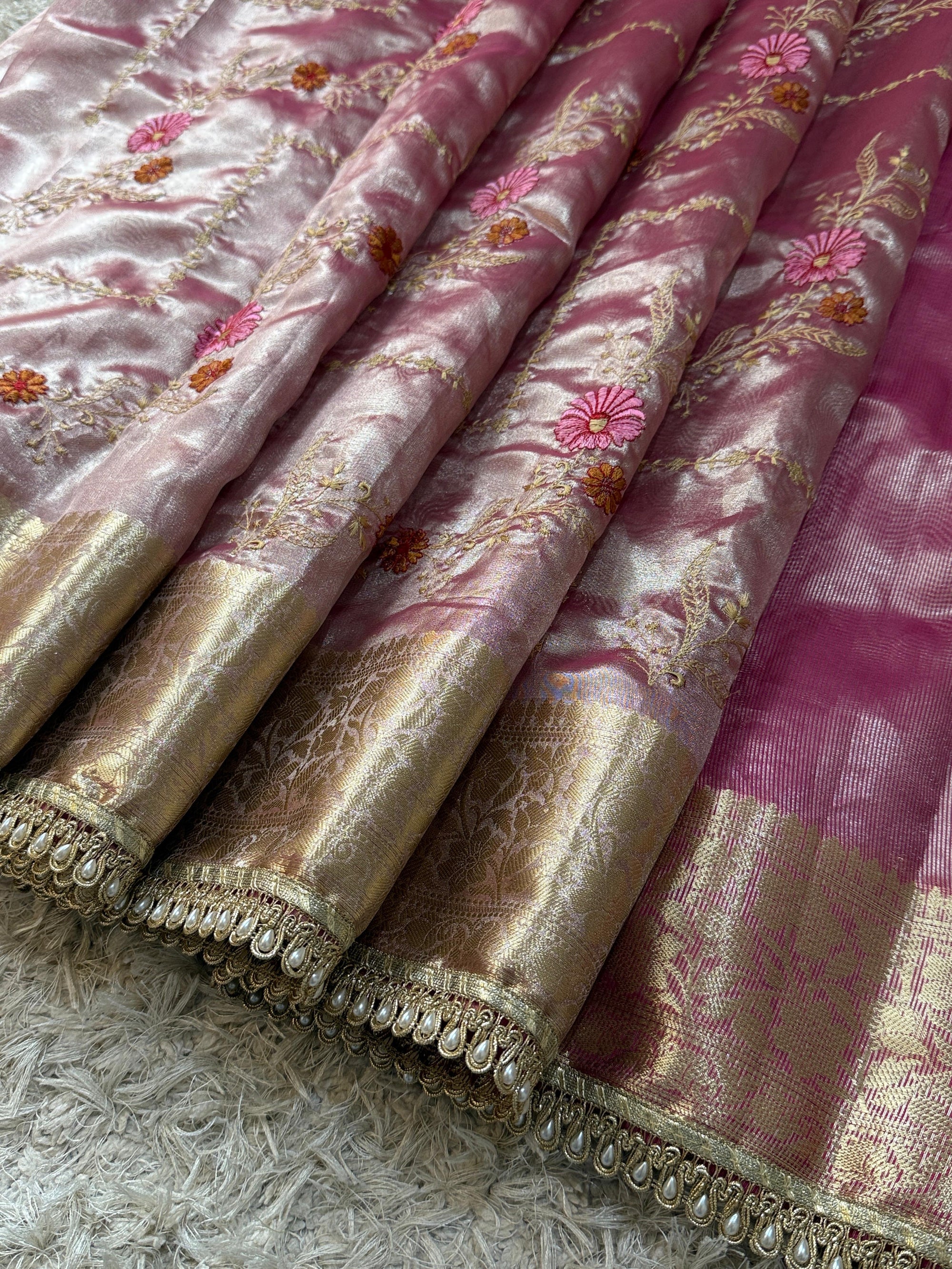Banarasi Soft Glass Tissue Silk Saree with Meenakari Embroidery and Pearl Lace Border