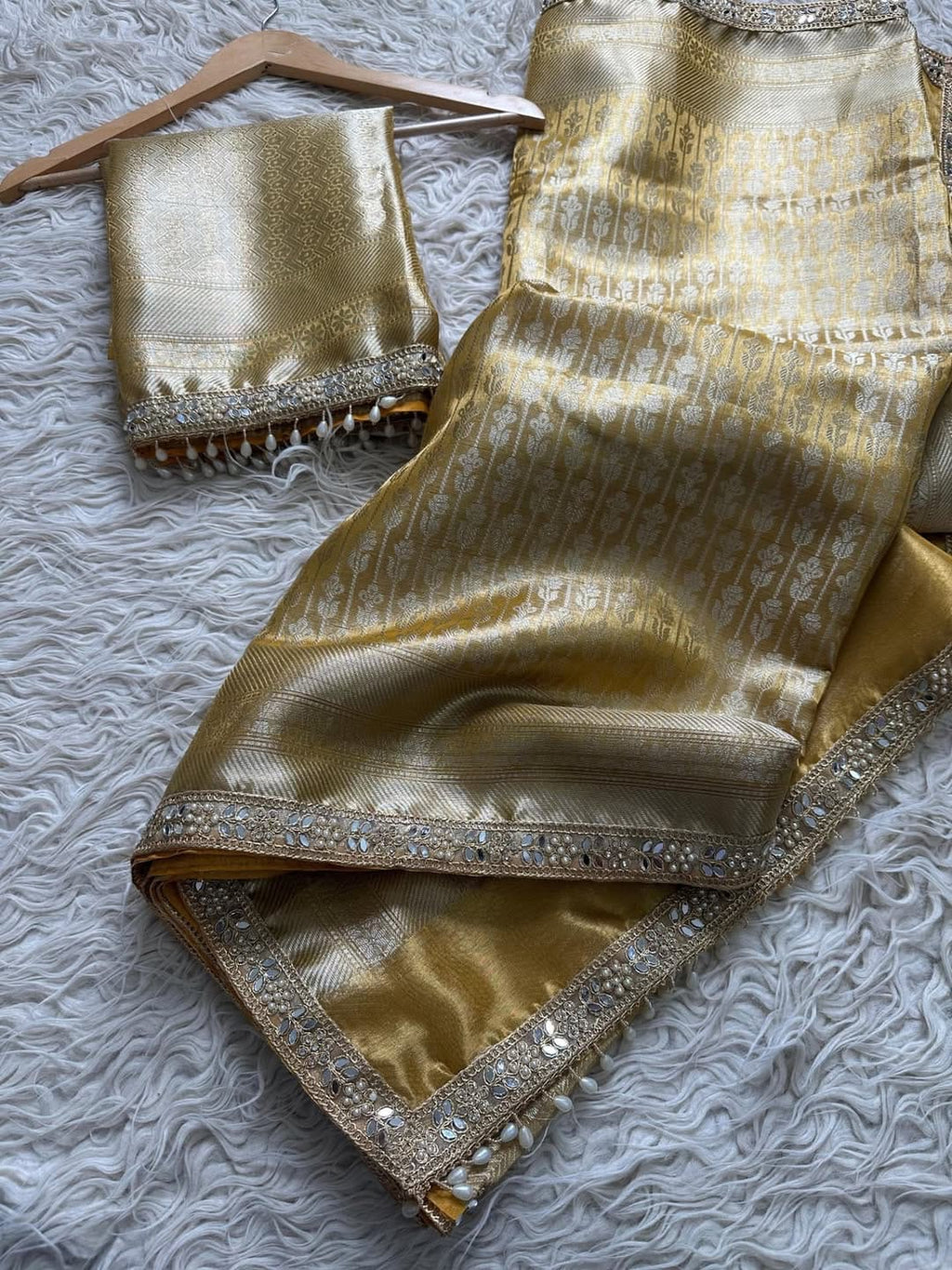 Banarasi Kanjivaram katan Tissue Silk Saree with Pearl Lace border