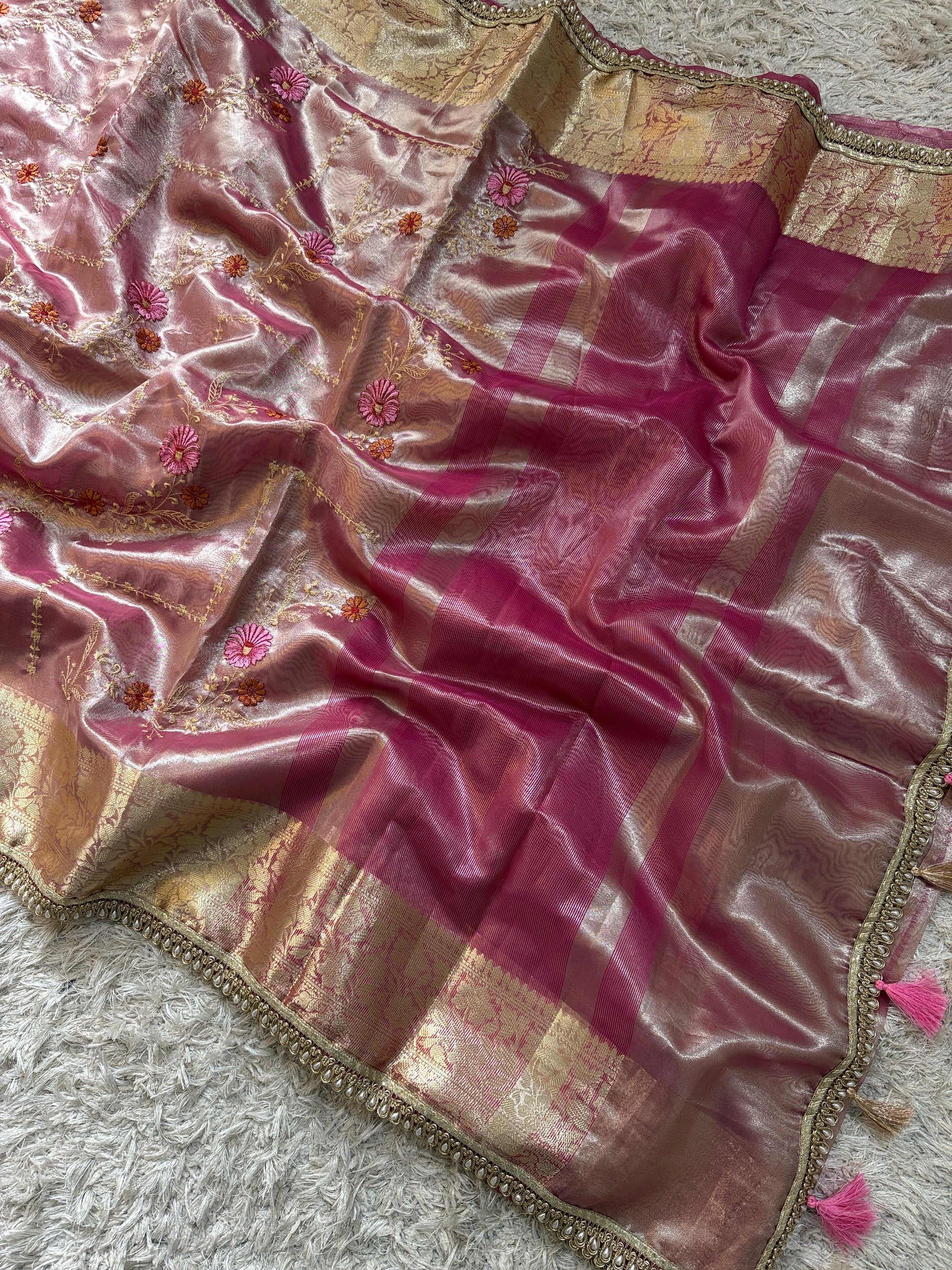 Banarasi Soft Glass Tissue Silk Saree with Meenakari Embroidery and Pearl Lace Border