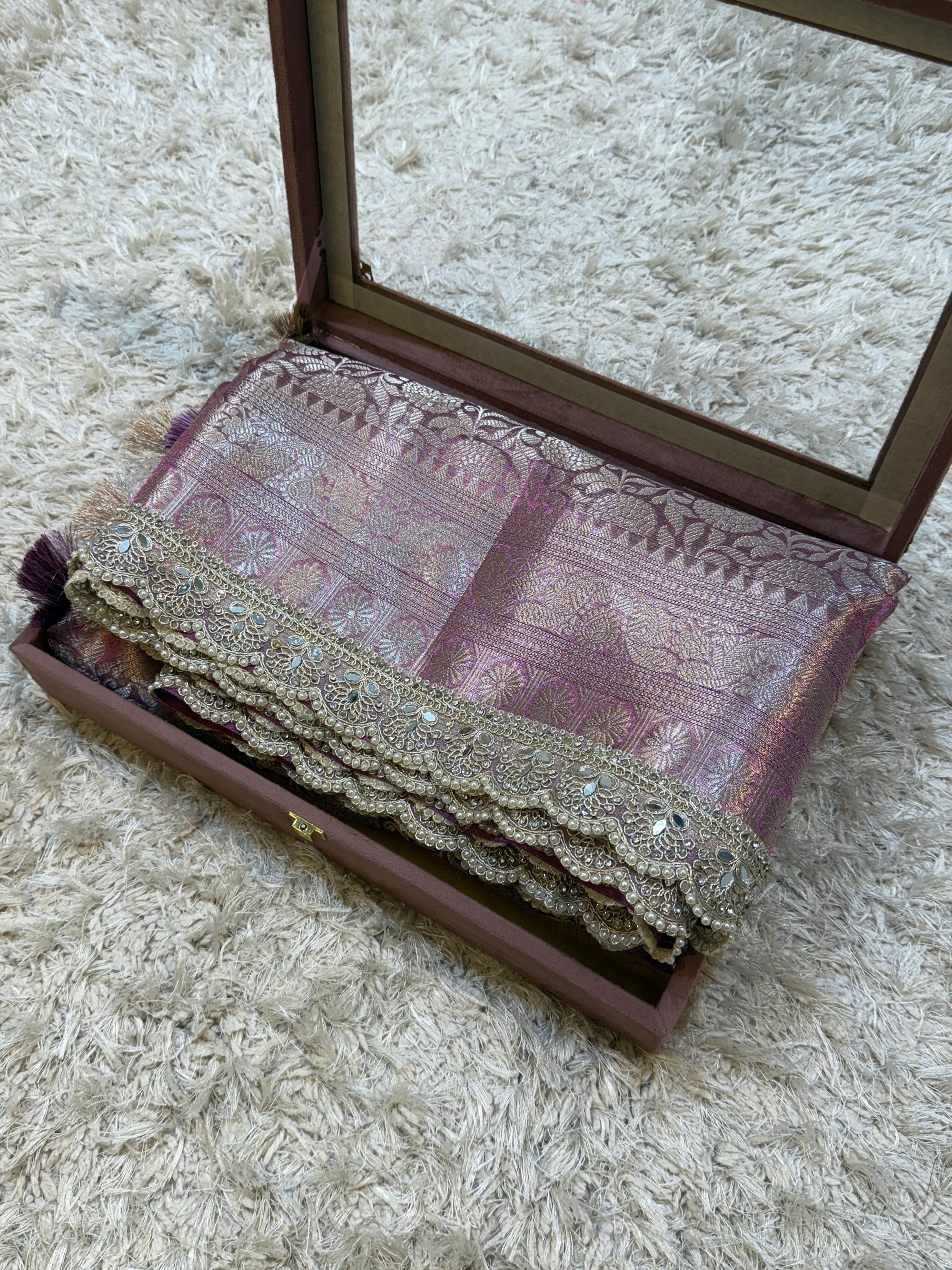 Banarasi Kanjivaram Tissue Silk Saree with Pearl Lace Border