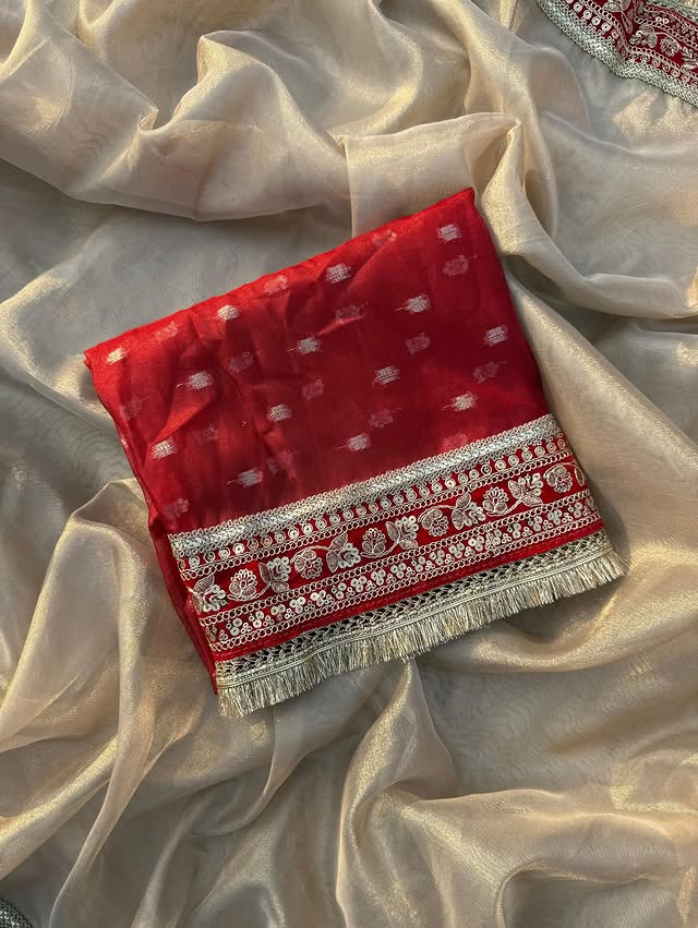 Banarasi Glass Tissue Silk Saree with velvel and gotta lace border