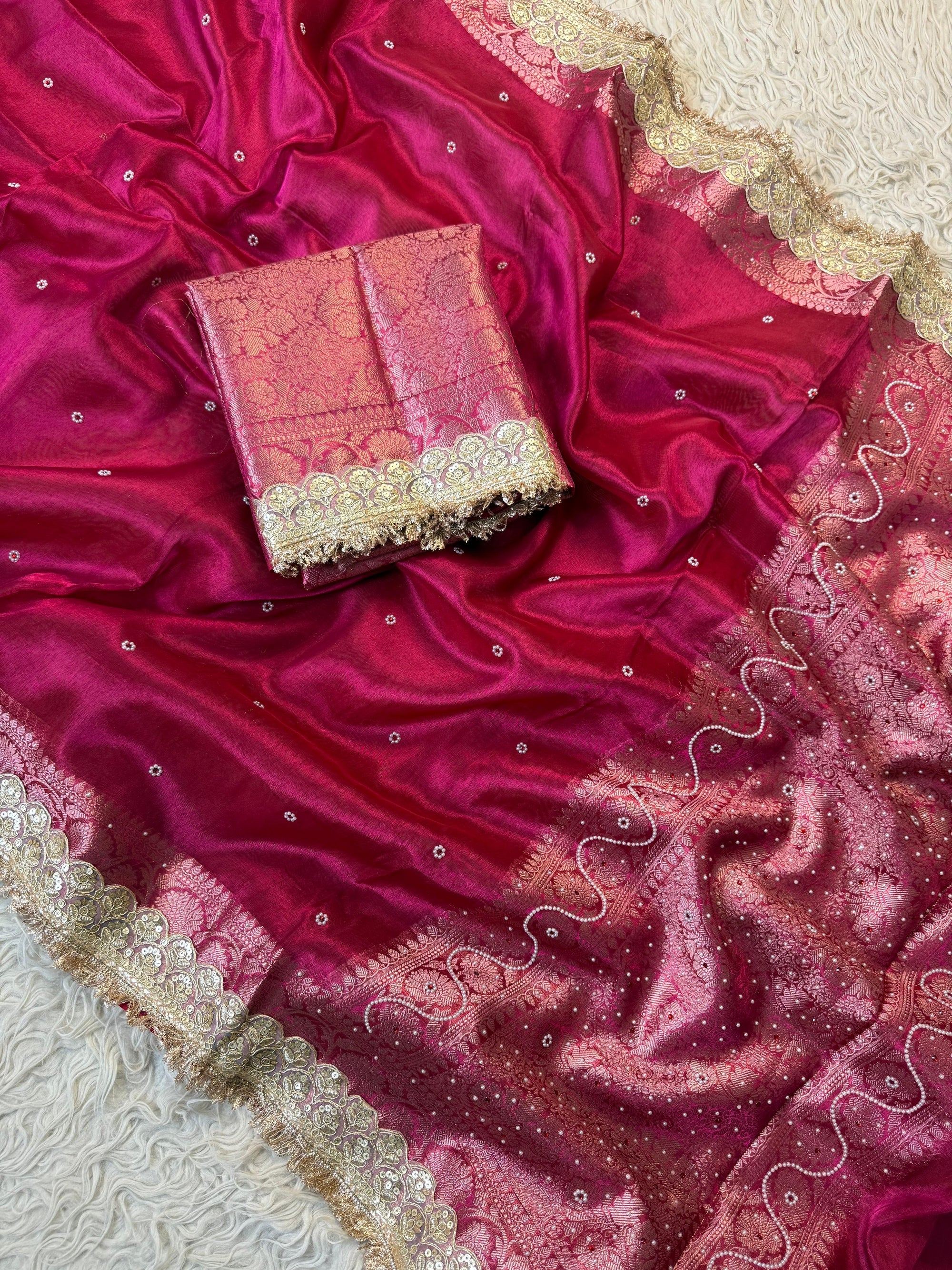 Banarasi Tissue Silk Saree with Stonework and Lace Border