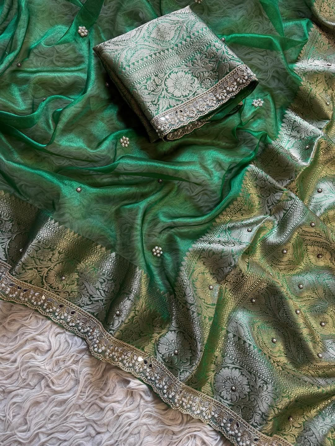 Banarasi Soft Glass Tissue Silk Saree with Stonework and Pearl Lace Border
