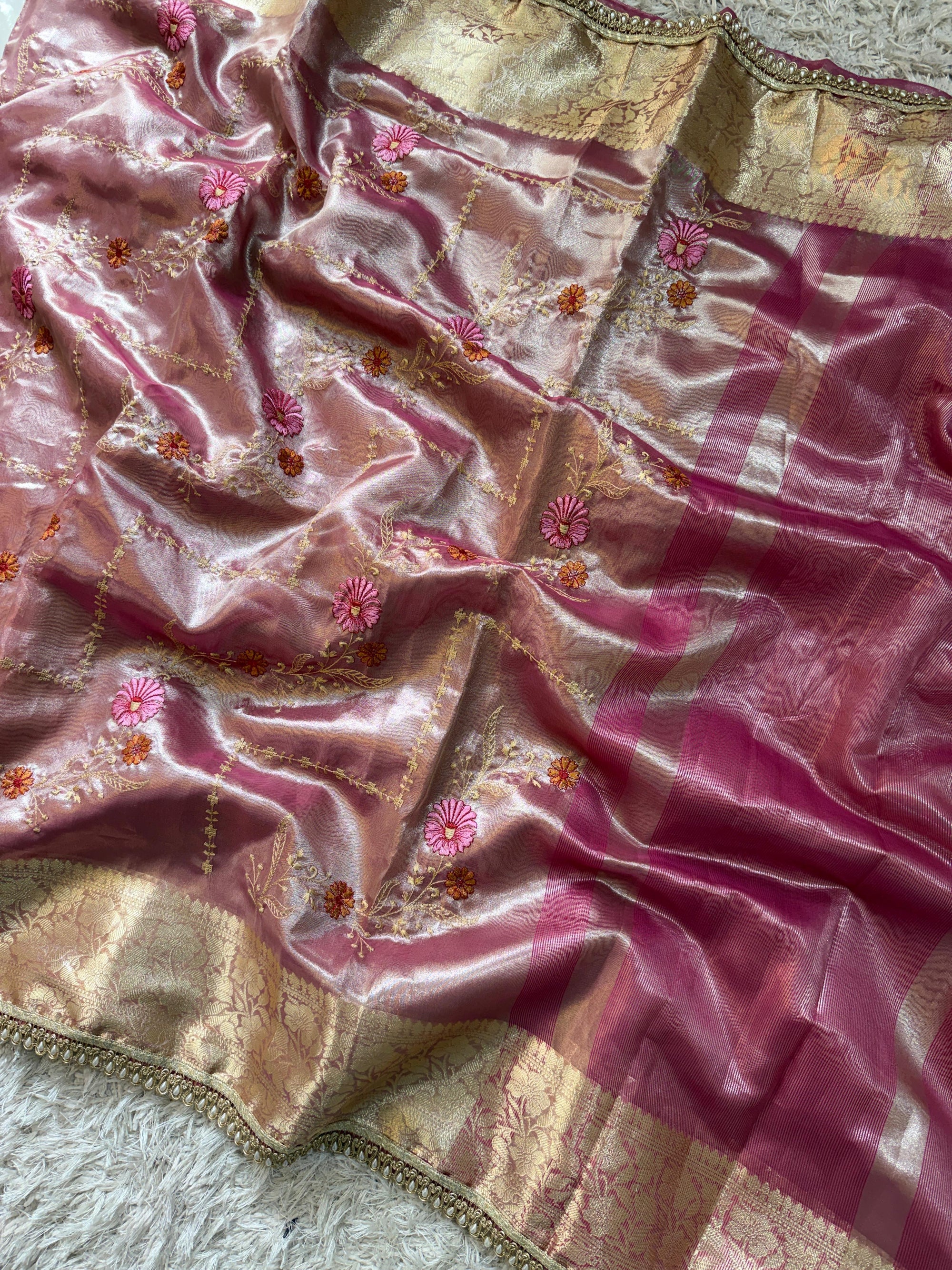 Banarasi Soft Glass Tissue Silk Saree with Meenakari Embroidery and Pearl Lace Border