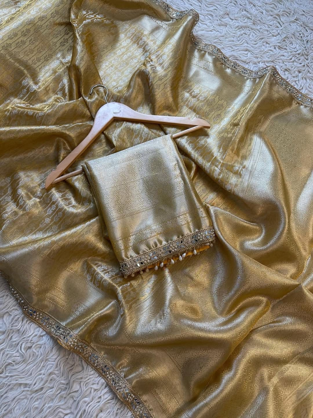 Banarasi Kanjivaram katan Tissue Silk Saree with Pearl Lace border