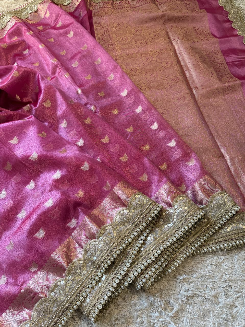 Banarasi Soft Glass Tissue Silk Saree with Booti Weaving and Pearl Lace Border