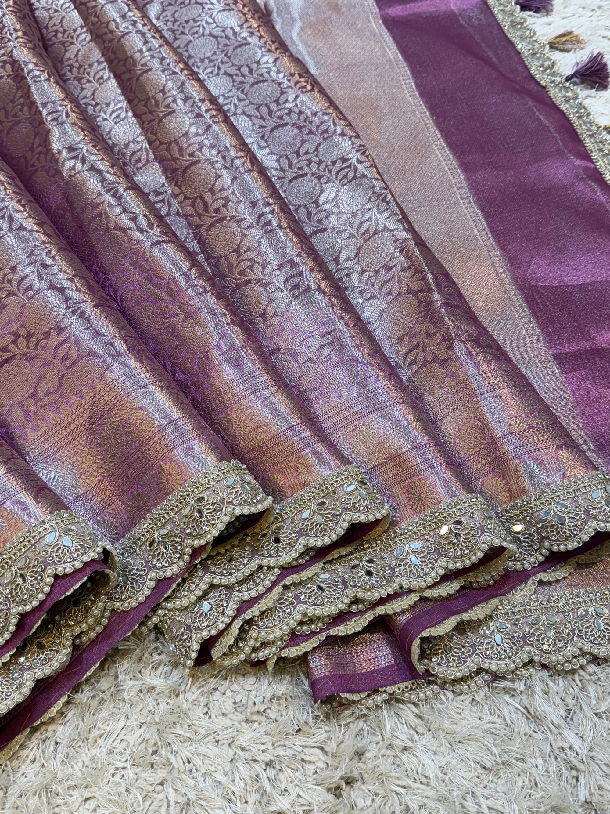 Banarasi Kanjivaram Tissue Silk Saree with Pearl Lace Border