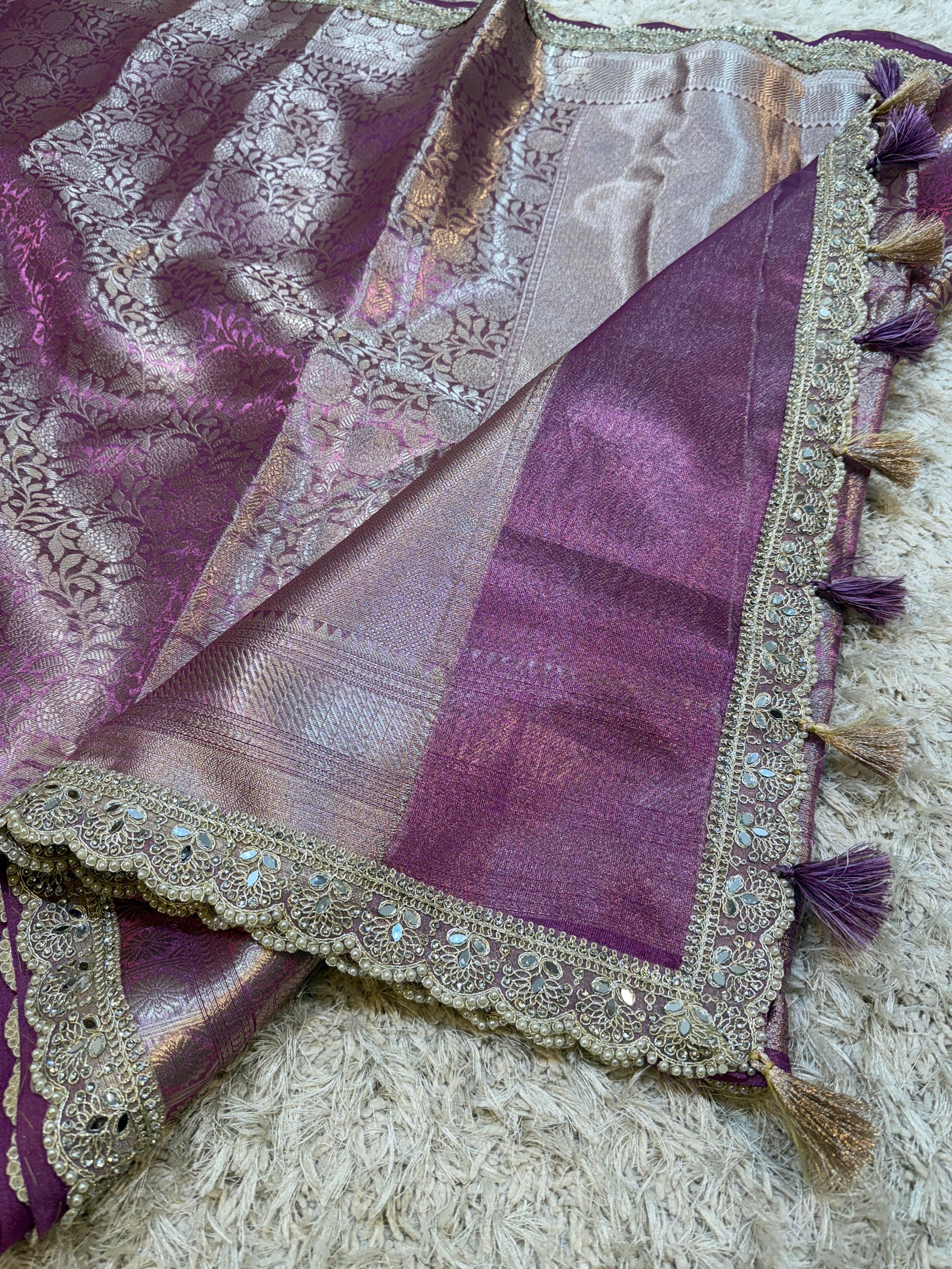 Banarasi Kanjivaram Tissue Silk Saree with Pearl Lace Border