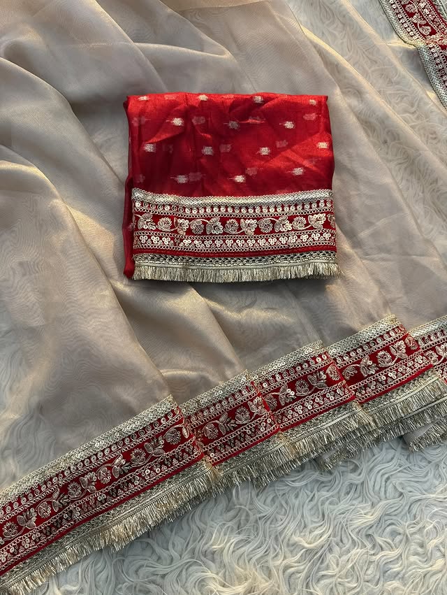 Banarasi Glass Tissue Silk Saree with velvel and gotta lace border