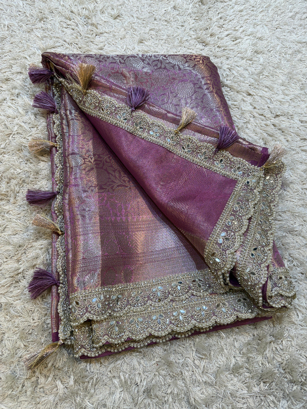 Banarasi Kanjivaram Tissue Silk Saree with Pearl Lace Border