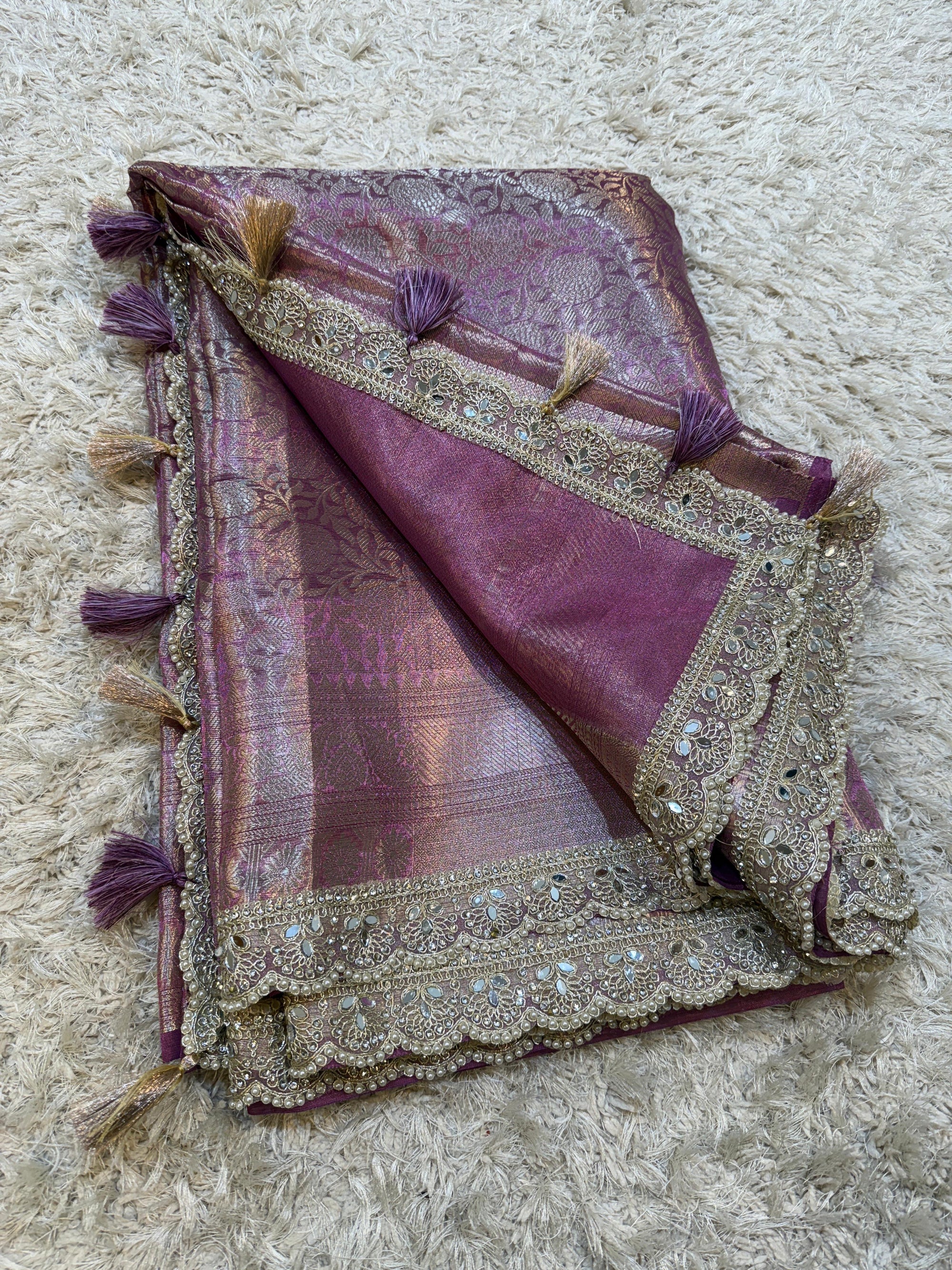 Banarasi Kanjivaram Tissue Silk Saree with Pearl Lace Border