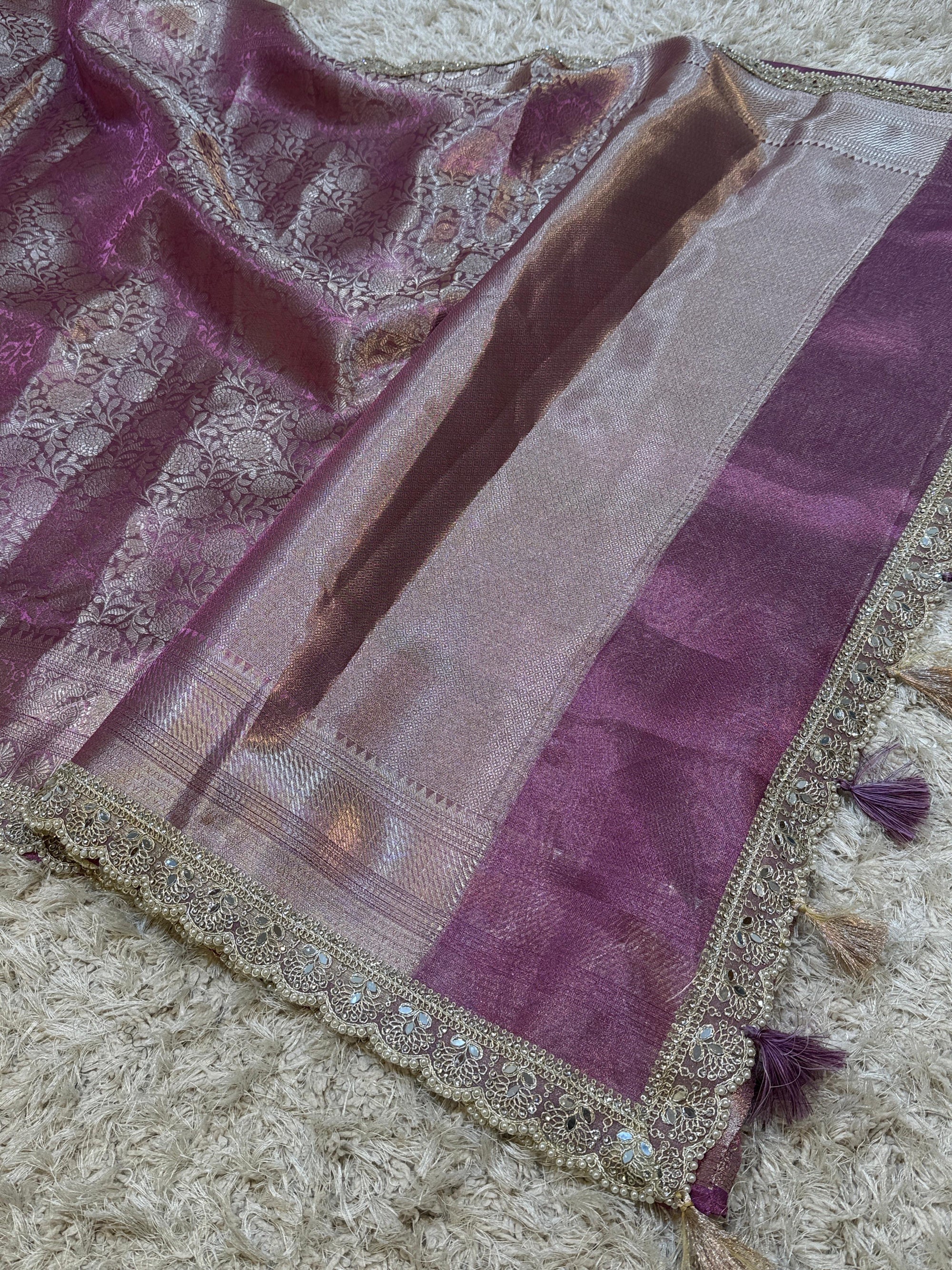 Banarasi Kanjivaram Tissue Silk Saree with Pearl Lace Border