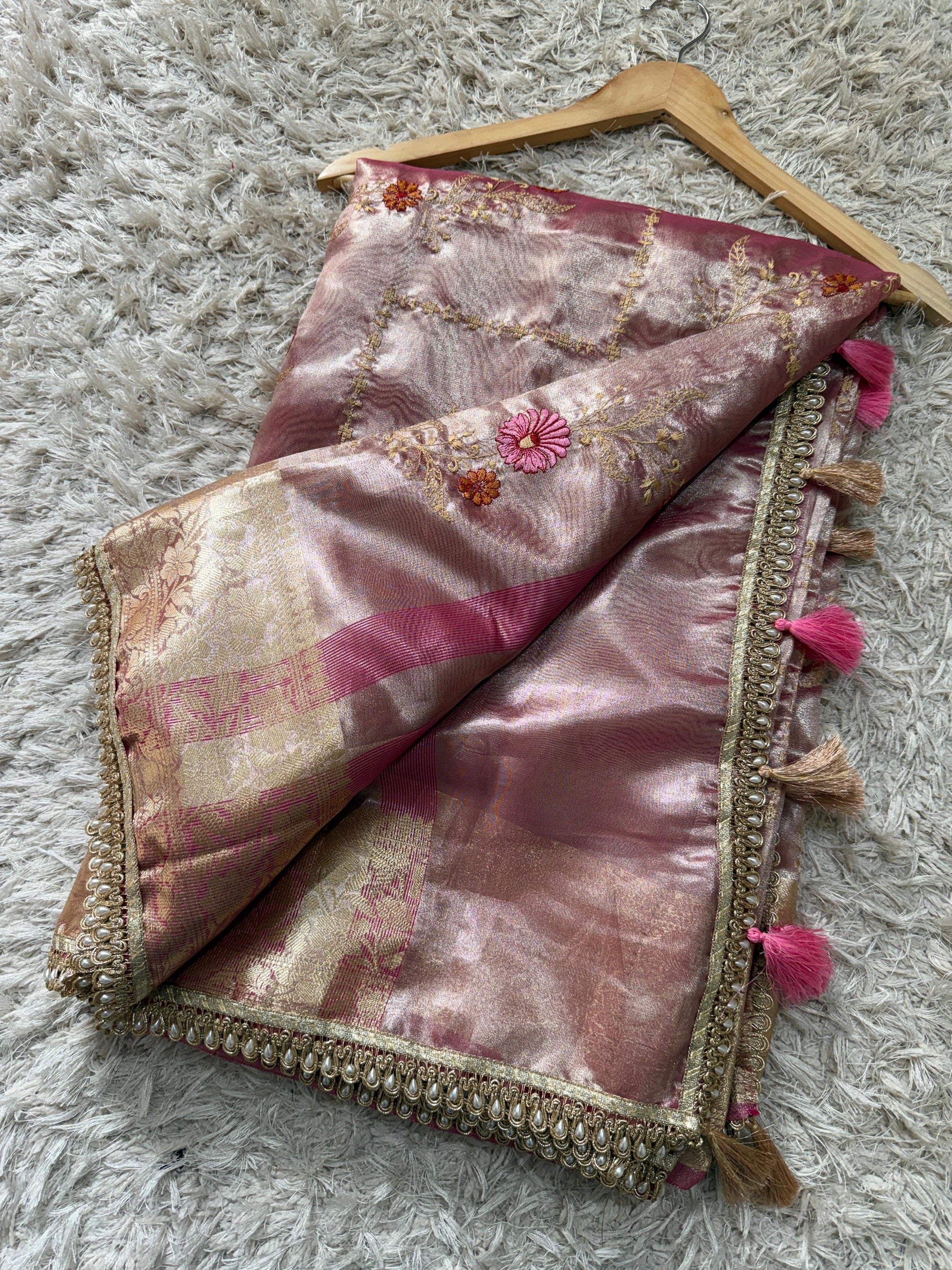 Banarasi Soft Glass Tissue Silk Saree with Meenakari Embroidery and Pearl Lace Border