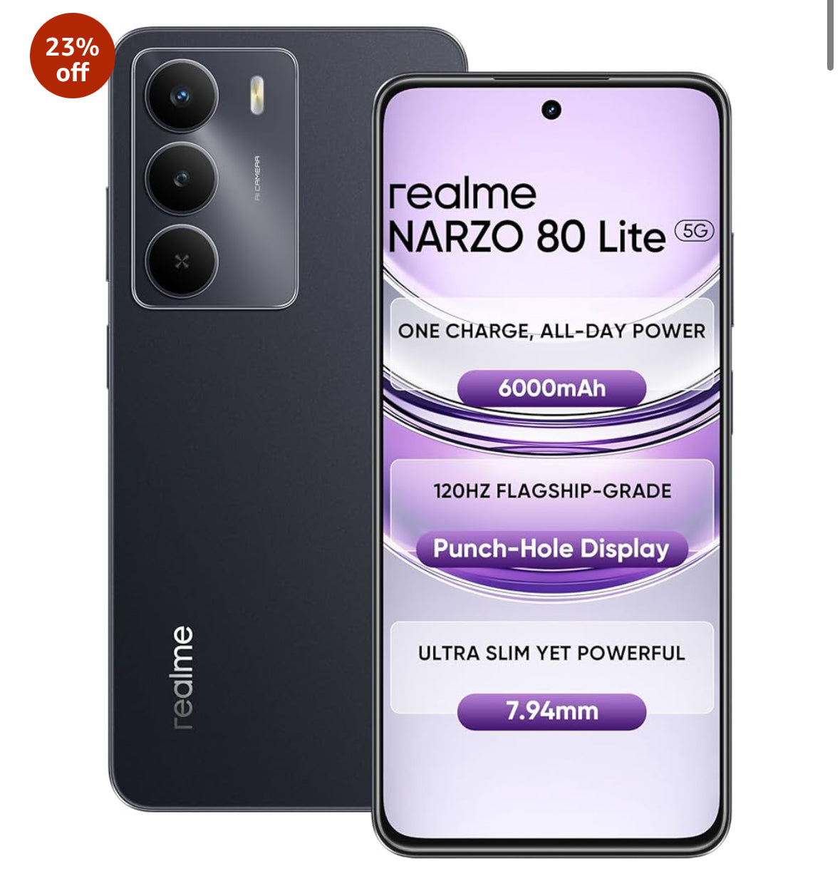 realme NARZO 80 Lite 5G (Onyx Black, 6GB+128GB) | 6000mAh Long-Lasting Battery | MediaTek Dimensity 6300 5G | AI Assist | IP64 Rated Water & Dust Resistance | Military-Grade Durability