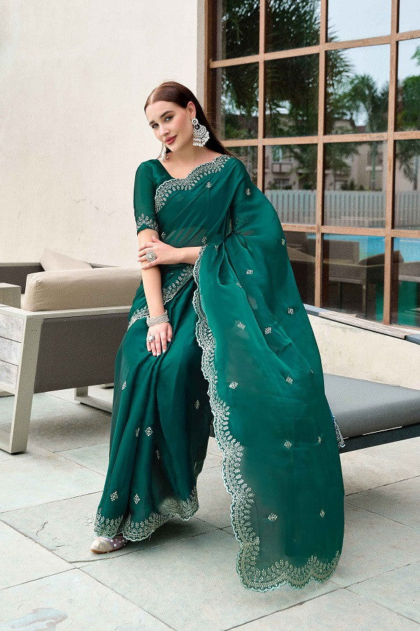 Meera 302 Party Wear Embroidery Worked Shimmer Chiffon Saree