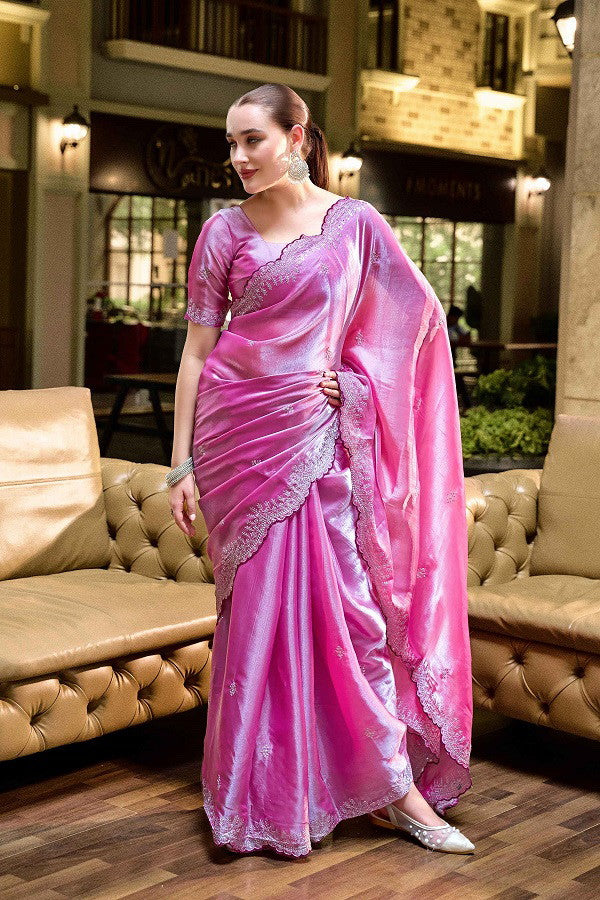 Meera 302 Party Wear Embroidery Worked Shimmer Chiffon Saree
