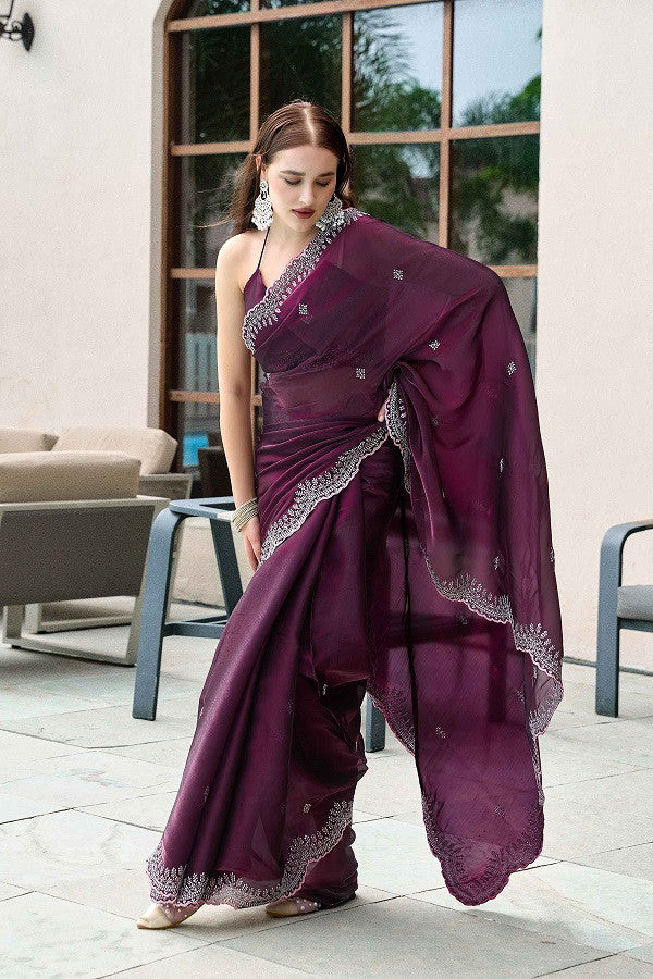 Meera 302 Party Wear Embroidery Worked Shimmer Chiffon Saree