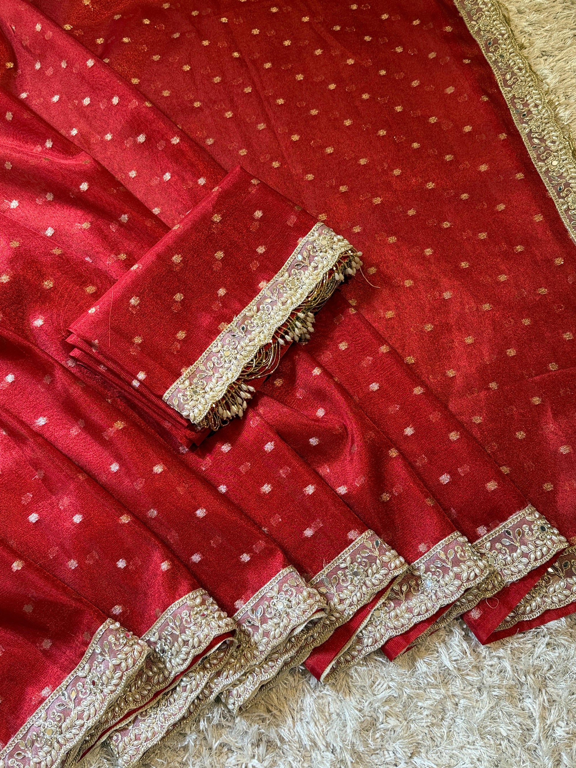 Banarasi Soft Tissue Silk Saree with Booti work, pearl and mirror Lace