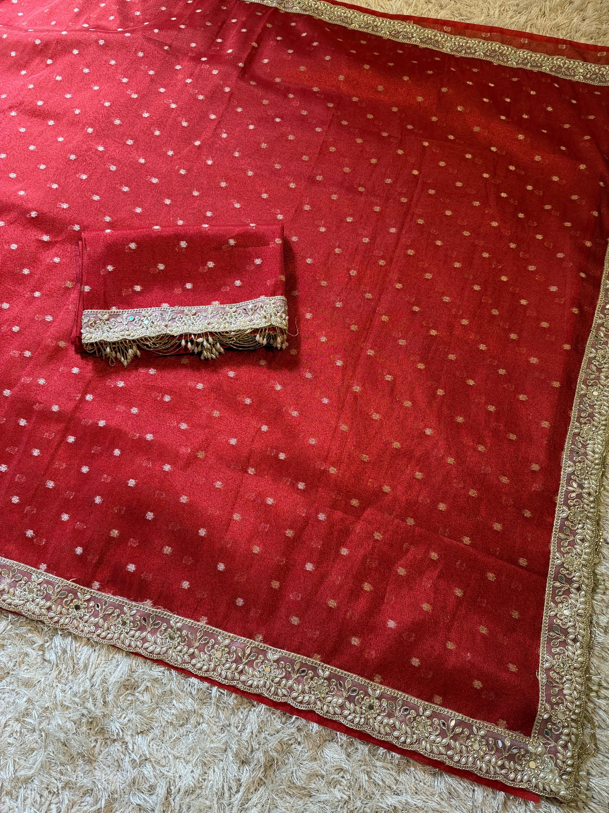 Banarasi Soft Tissue Silk Saree with Booti work, pearl and mirror Lace