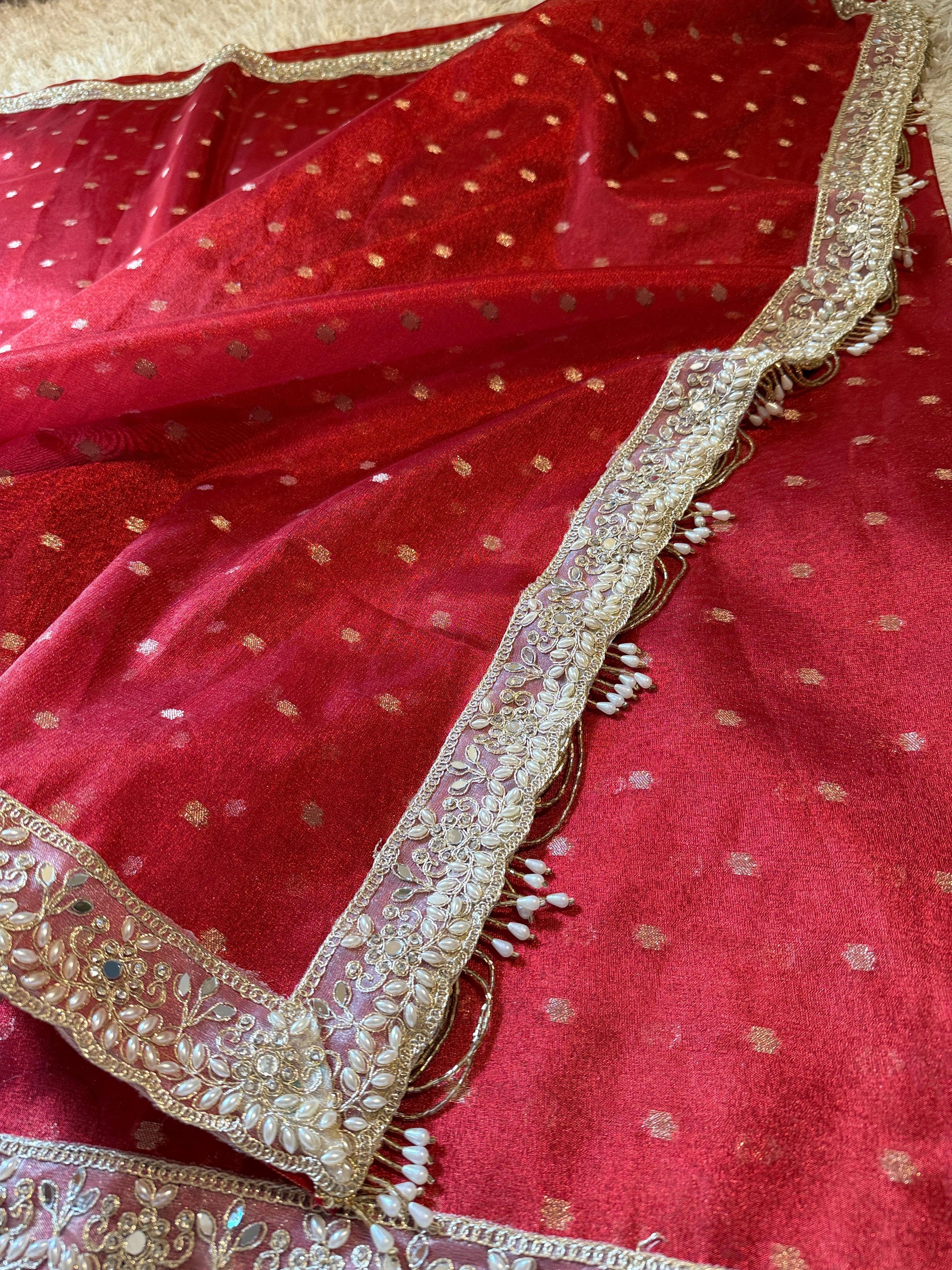 Banarasi Soft Tissue Silk Saree with Booti work, pearl and mirror Lace