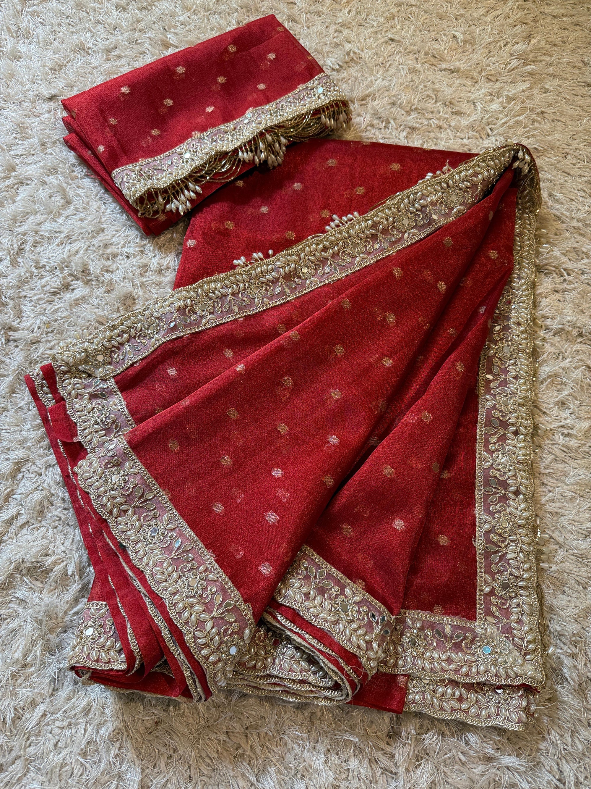 Banarasi Soft Tissue Silk Saree with Booti work, pearl and mirror Lace