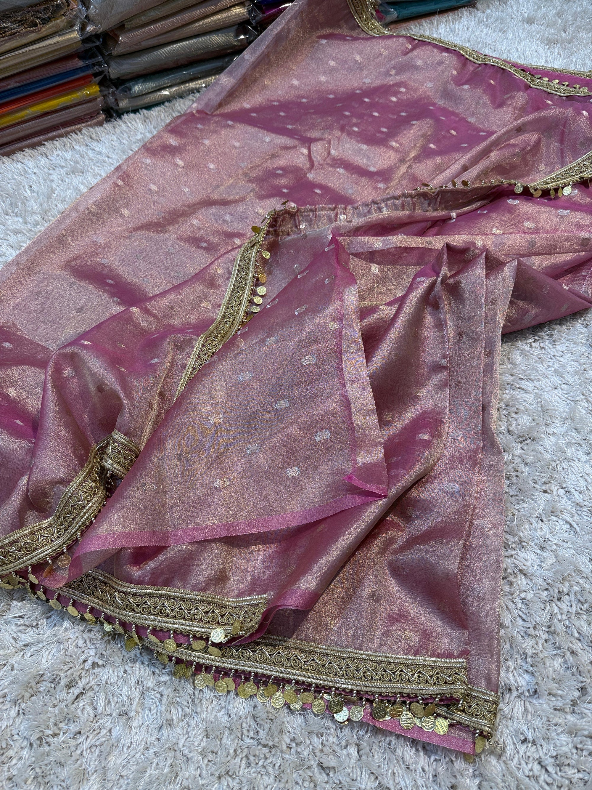 Banarasi Tissue Silk Saree with Booti and gotapatti & coin lace border