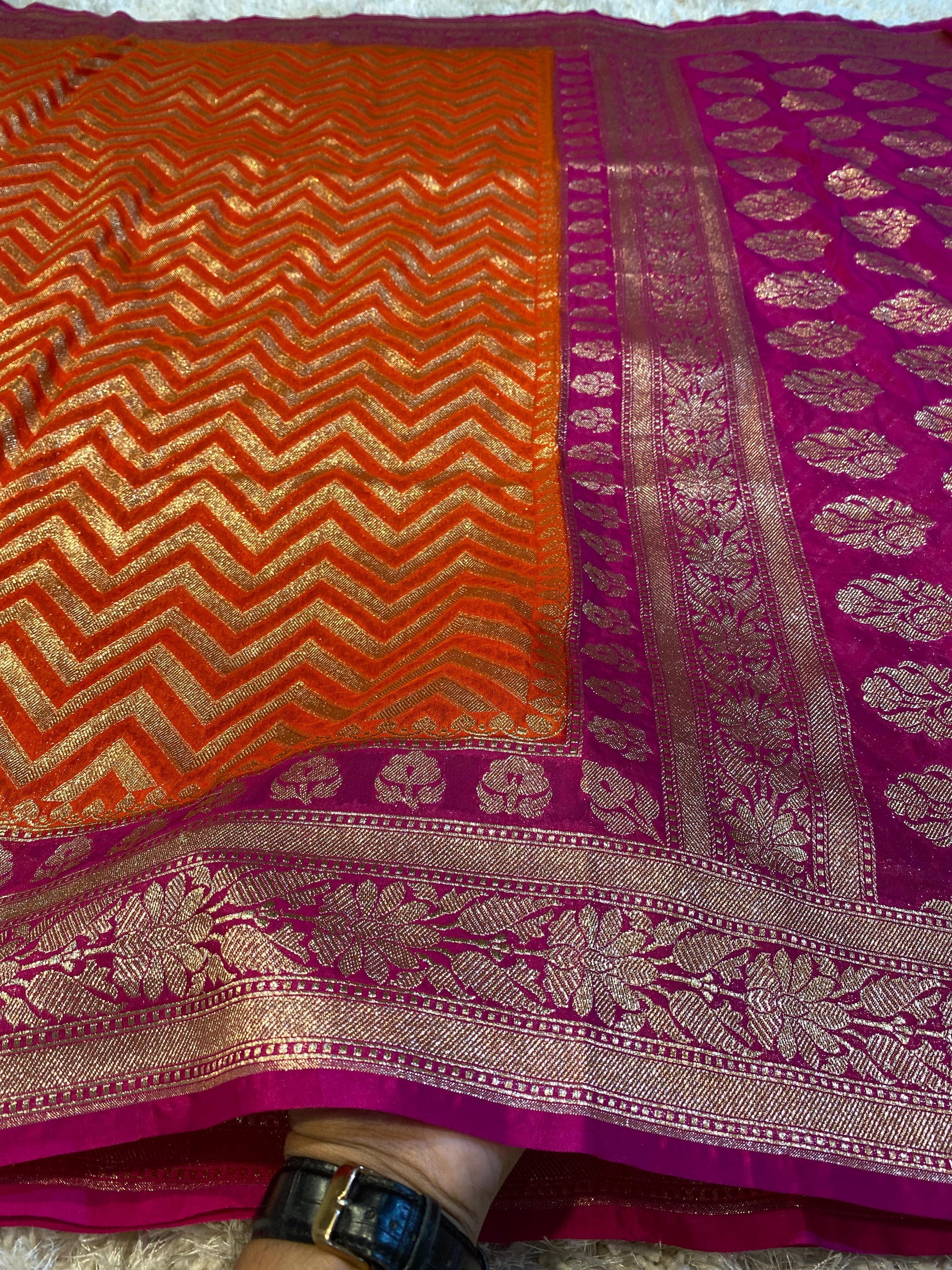Handloom Banarasi Khaddi Katan Georgette Silk Saree with zig zag design
