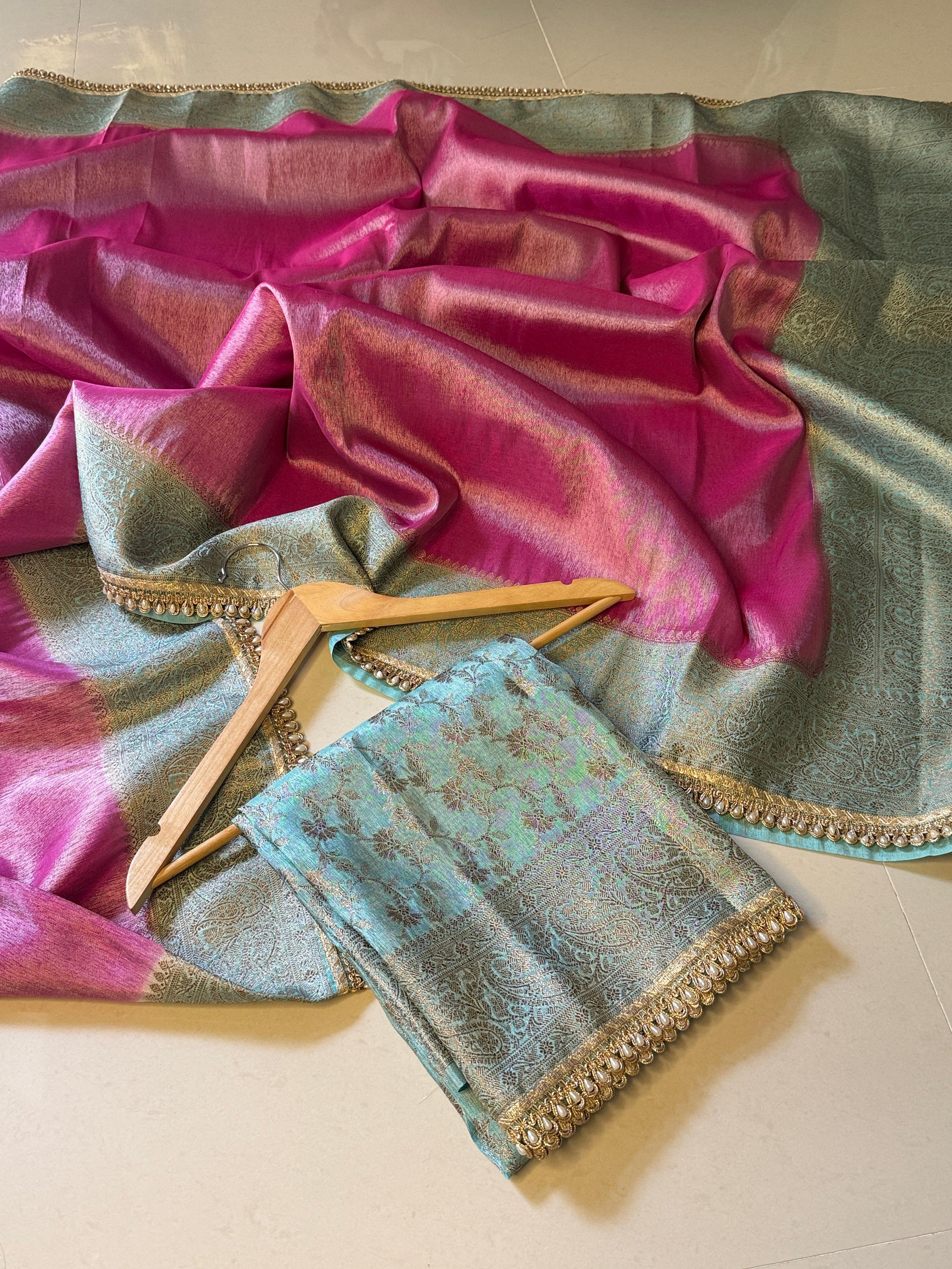 Banarasi Katan Tissue Soft Silk Saree with Pearl lace work