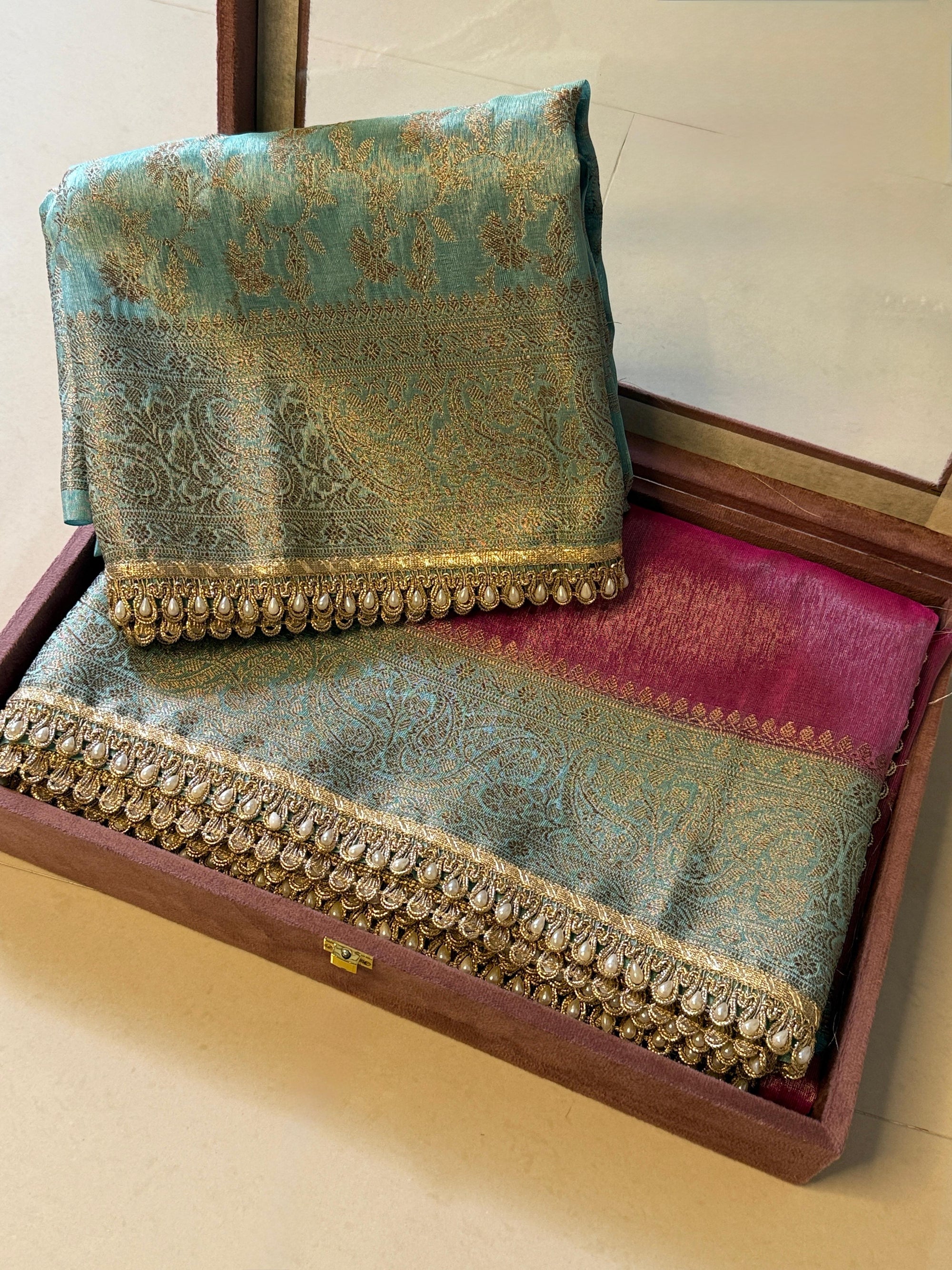 Banarasi Katan Tissue Soft Silk Saree with Pearl lace work