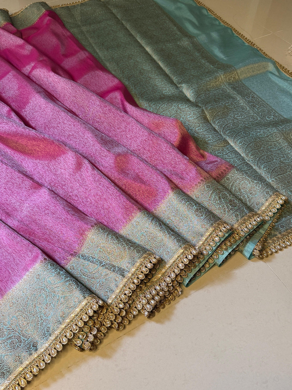 Banarasi Katan Tissue Soft Silk Saree with Pearl lace work