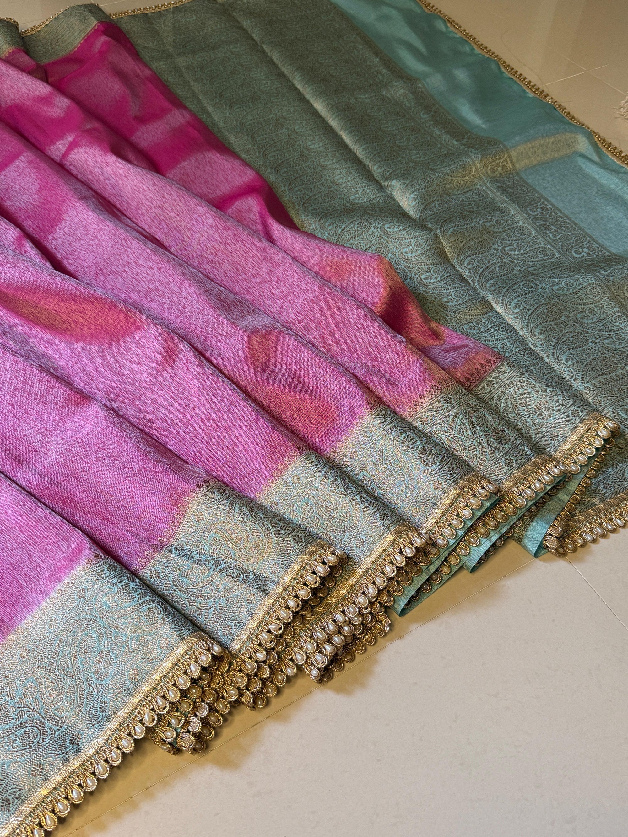 Banarasi Katan Tissue Soft Silk Saree with Pearl lace work