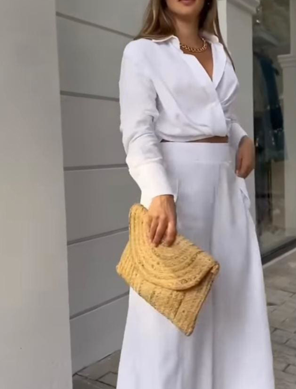 Ruched Long Sleeve Shirt & Wide Leg Asymmetrical Pants Set
