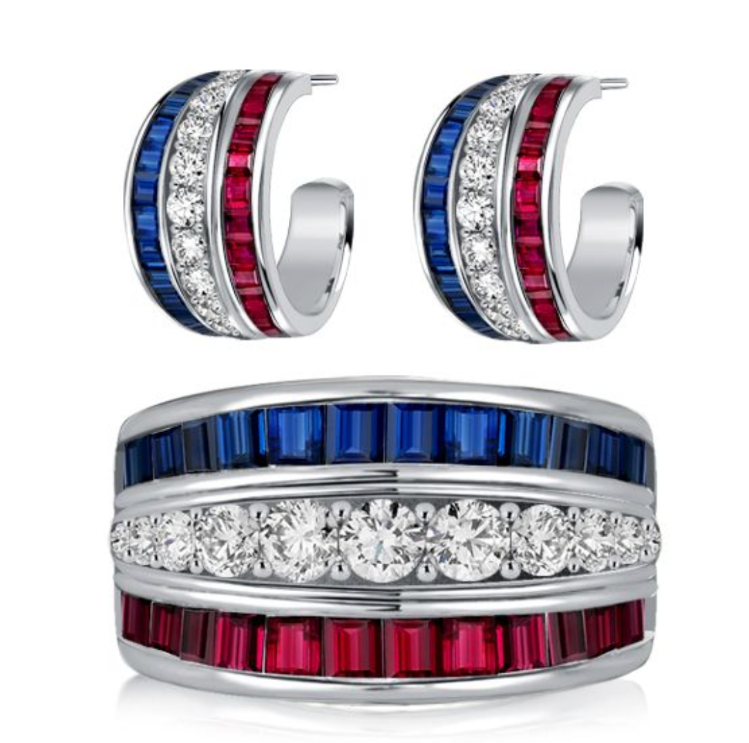 Italo Ruby Blue Sapphire Wedding Band & Hoop Earrings Set