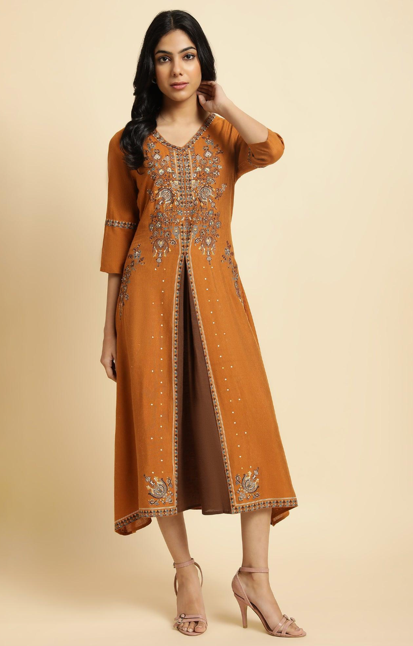 Dark Yellow Printed Godget Dress