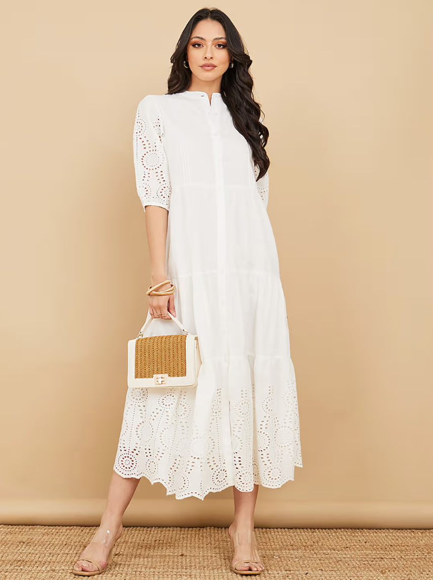 Styli - Three Fourth Sleeve Schiffli Shirt Midi Dress .