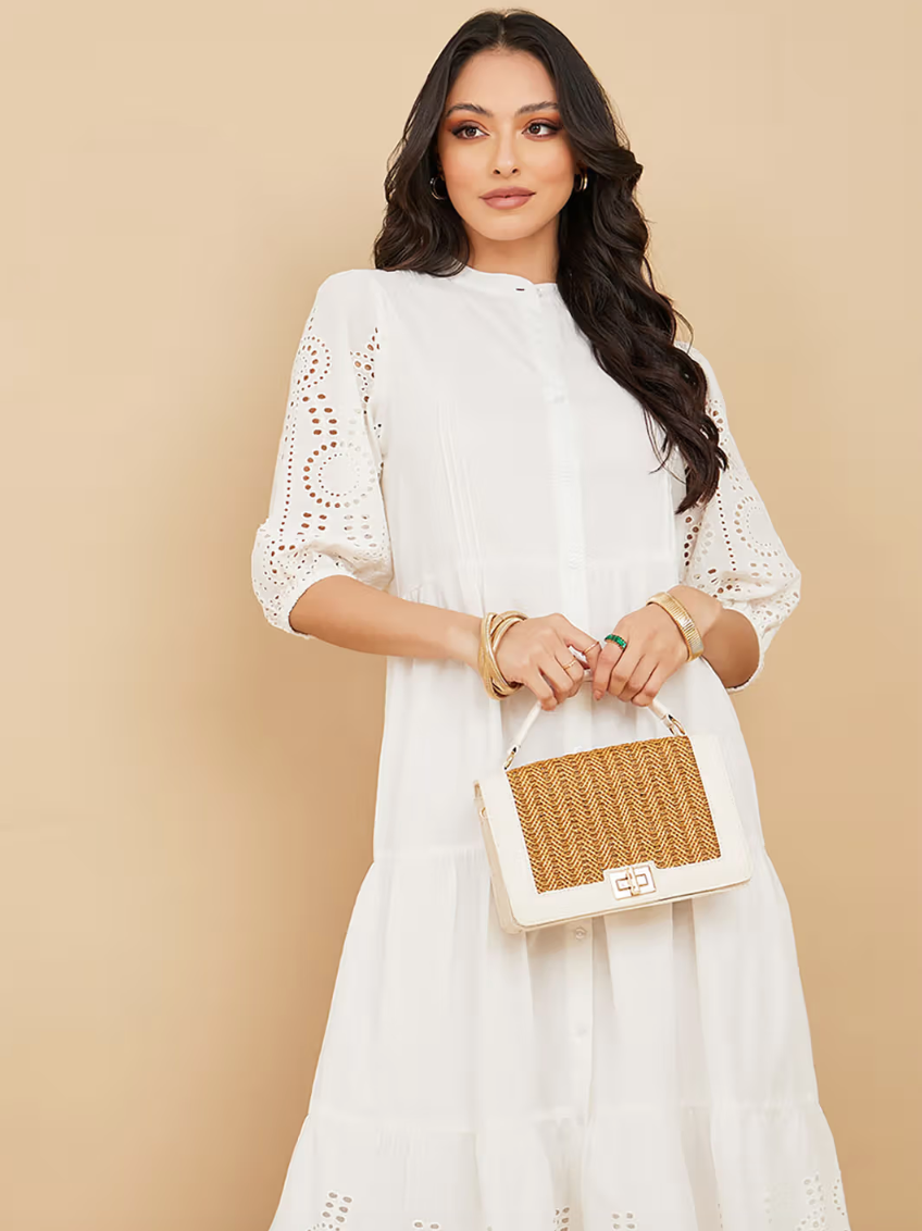 Styli - Three Fourth Sleeve Schiffli Shirt Midi Dress .