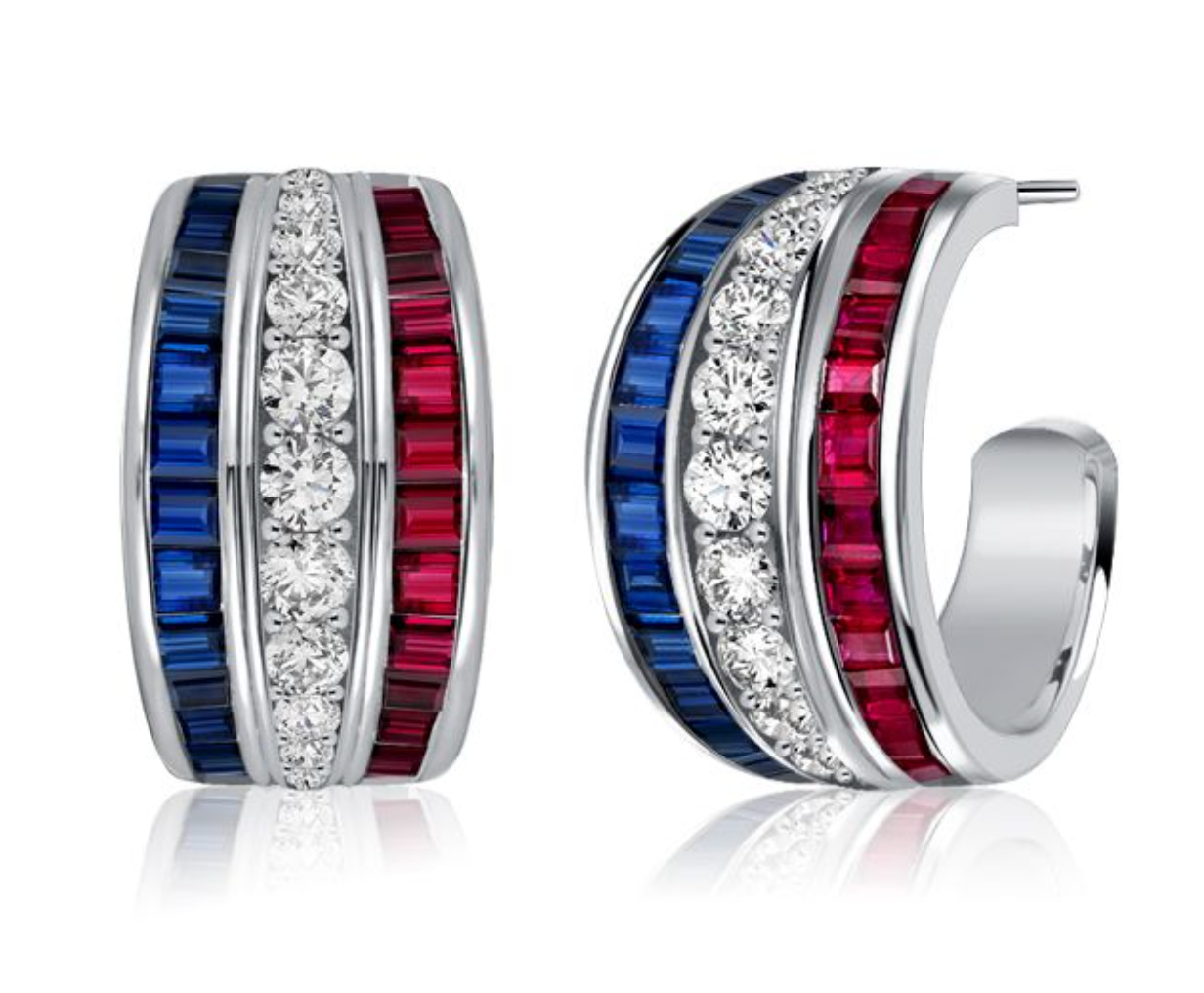 Italo Ruby Blue Sapphire Wedding Band & Hoop Earrings Set
