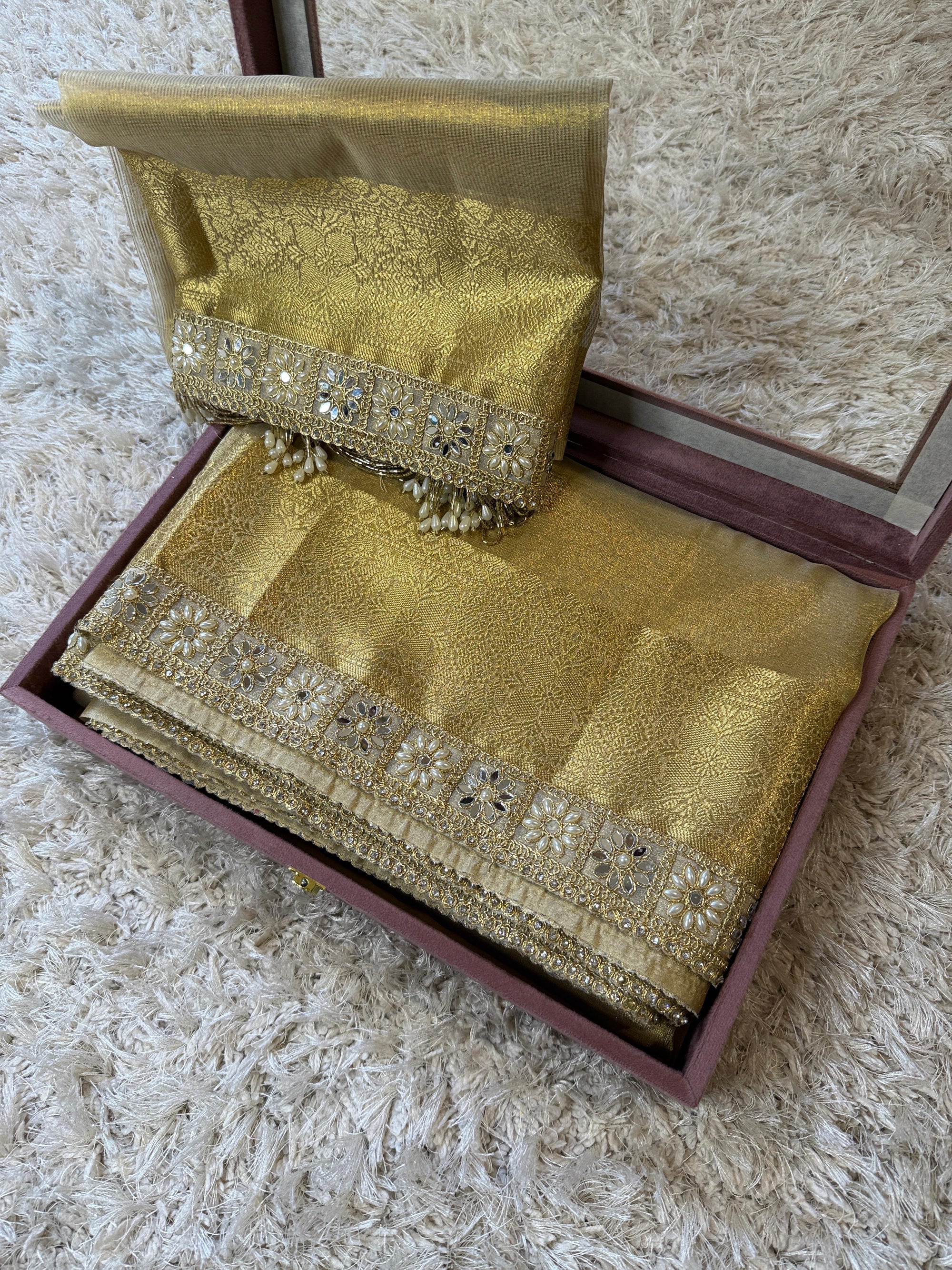 Banarasi Tissue Silk Saree with Gold Zari and Pearl Lace Border