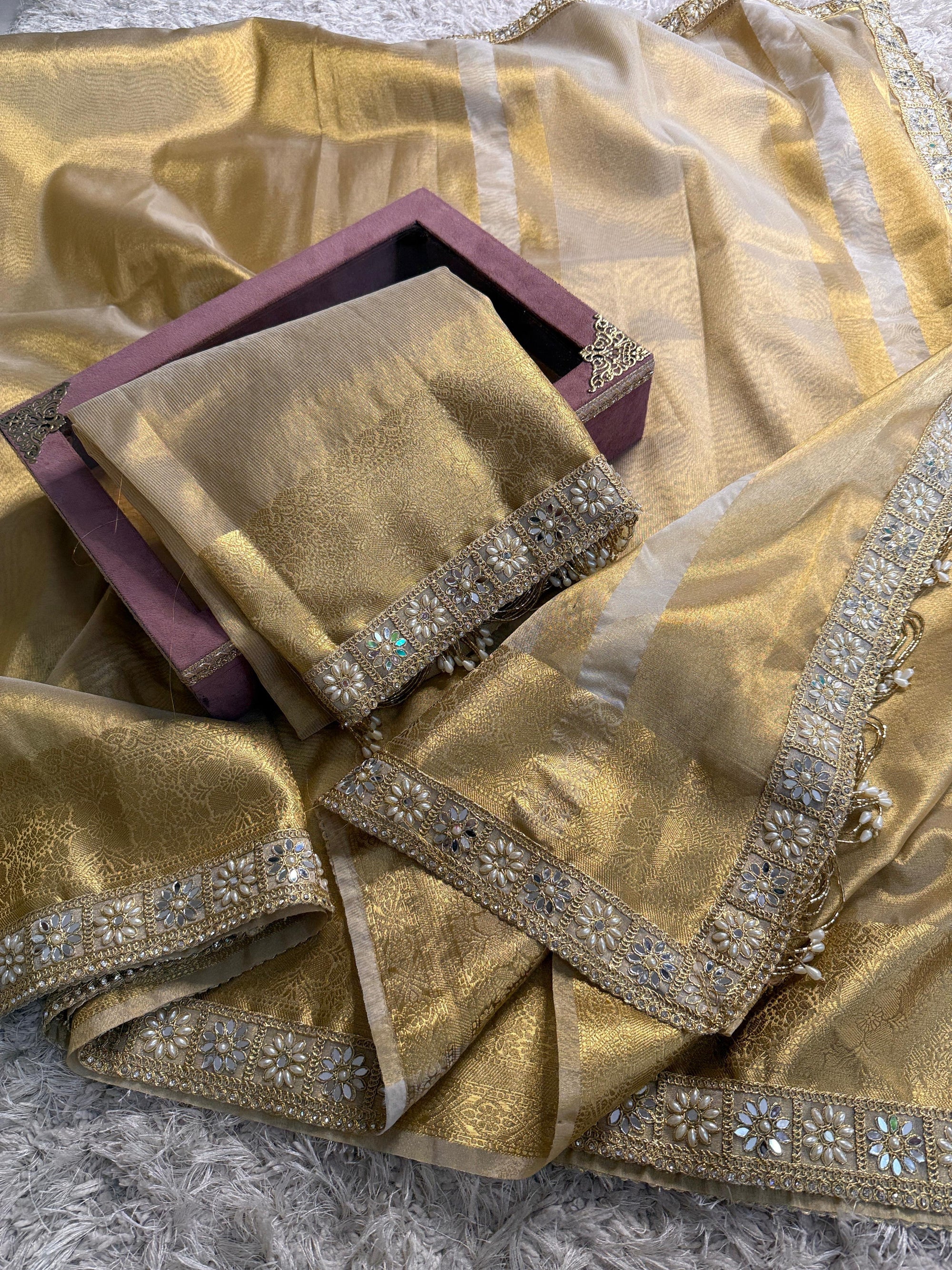 Banarasi Tissue Silk Saree with Gold Zari and Pearl Lace Border