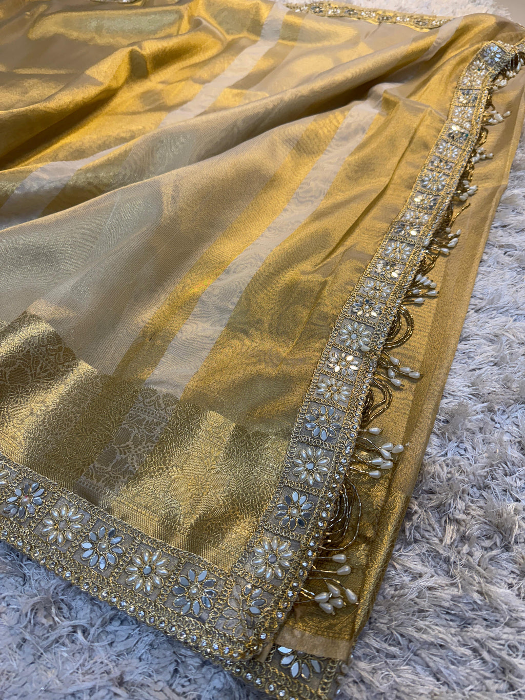 Banarasi Tissue Silk Saree with Gold Zari and Pearl Lace Border
