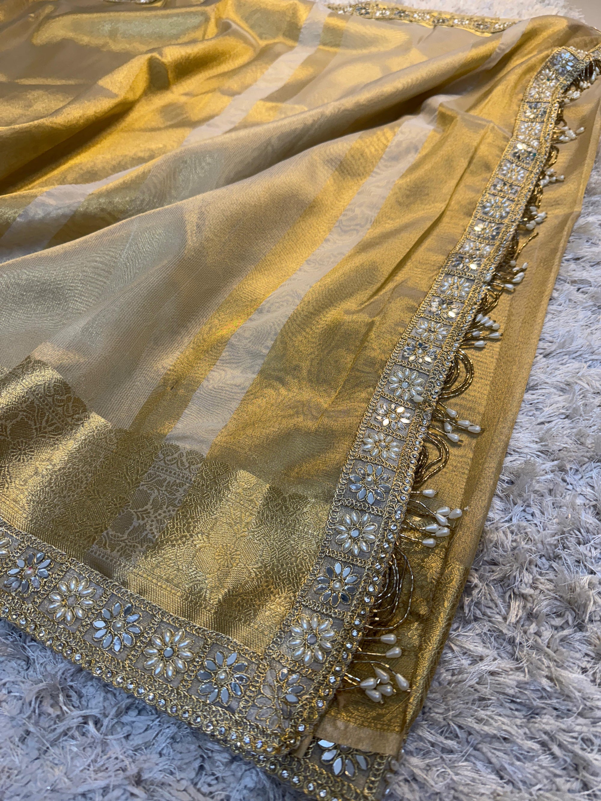 Banarasi Tissue Silk Saree with Gold Zari and Pearl Lace Border