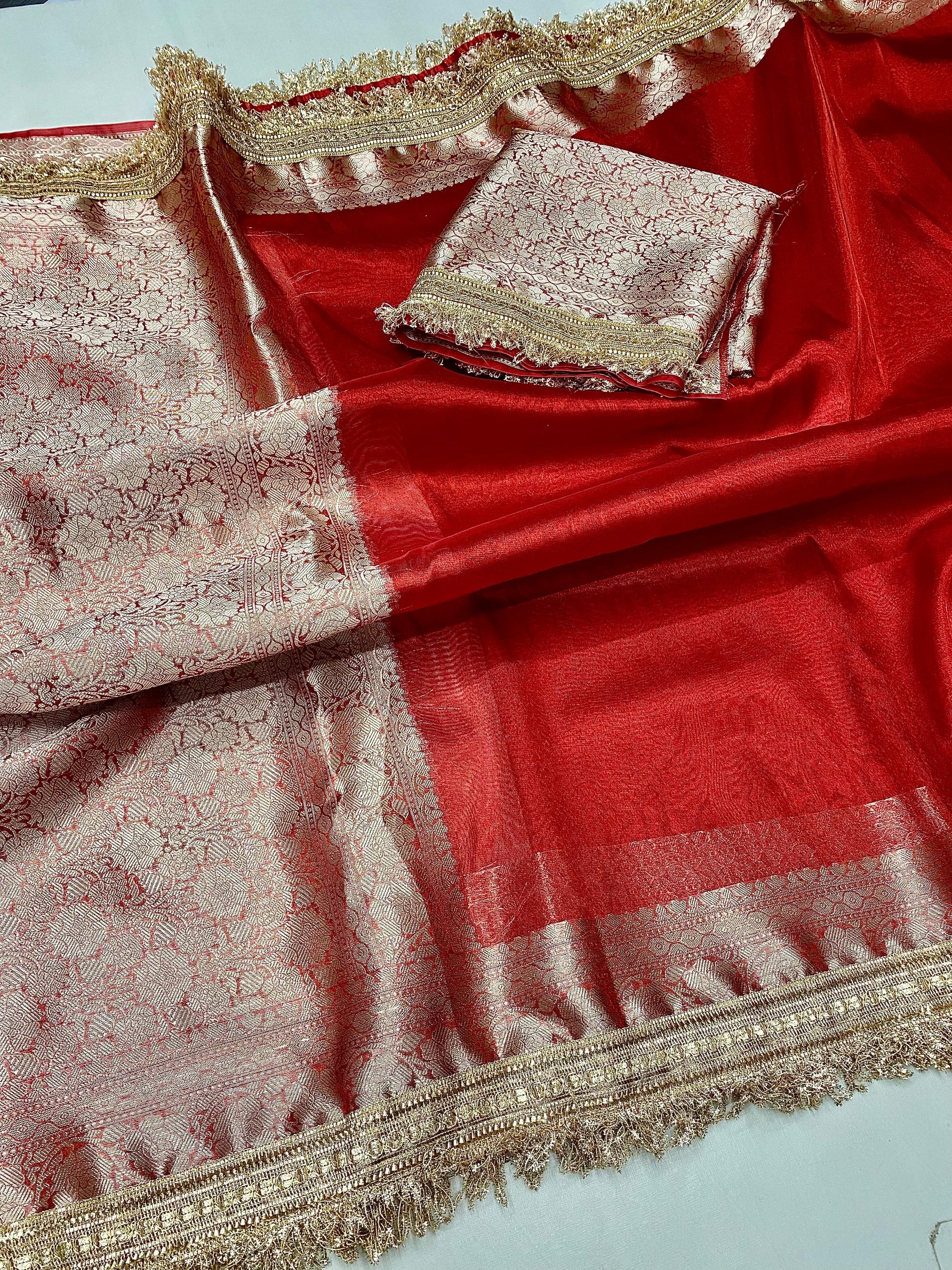 Banarasi Tissue Silk Saree with Thin Lace border