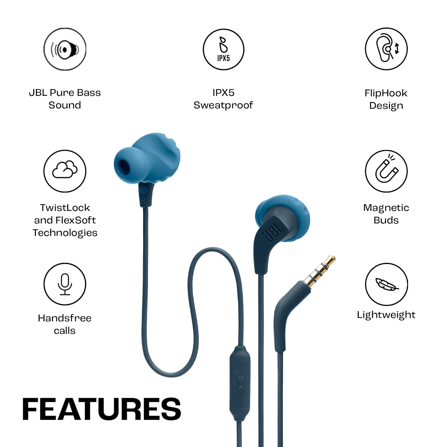 JBL Endurance Run 2 with Fliphook & TwistLock Technology, Pure Bass, IPX5 Sweatproof Wired Headset?(Blue, In the Ear)