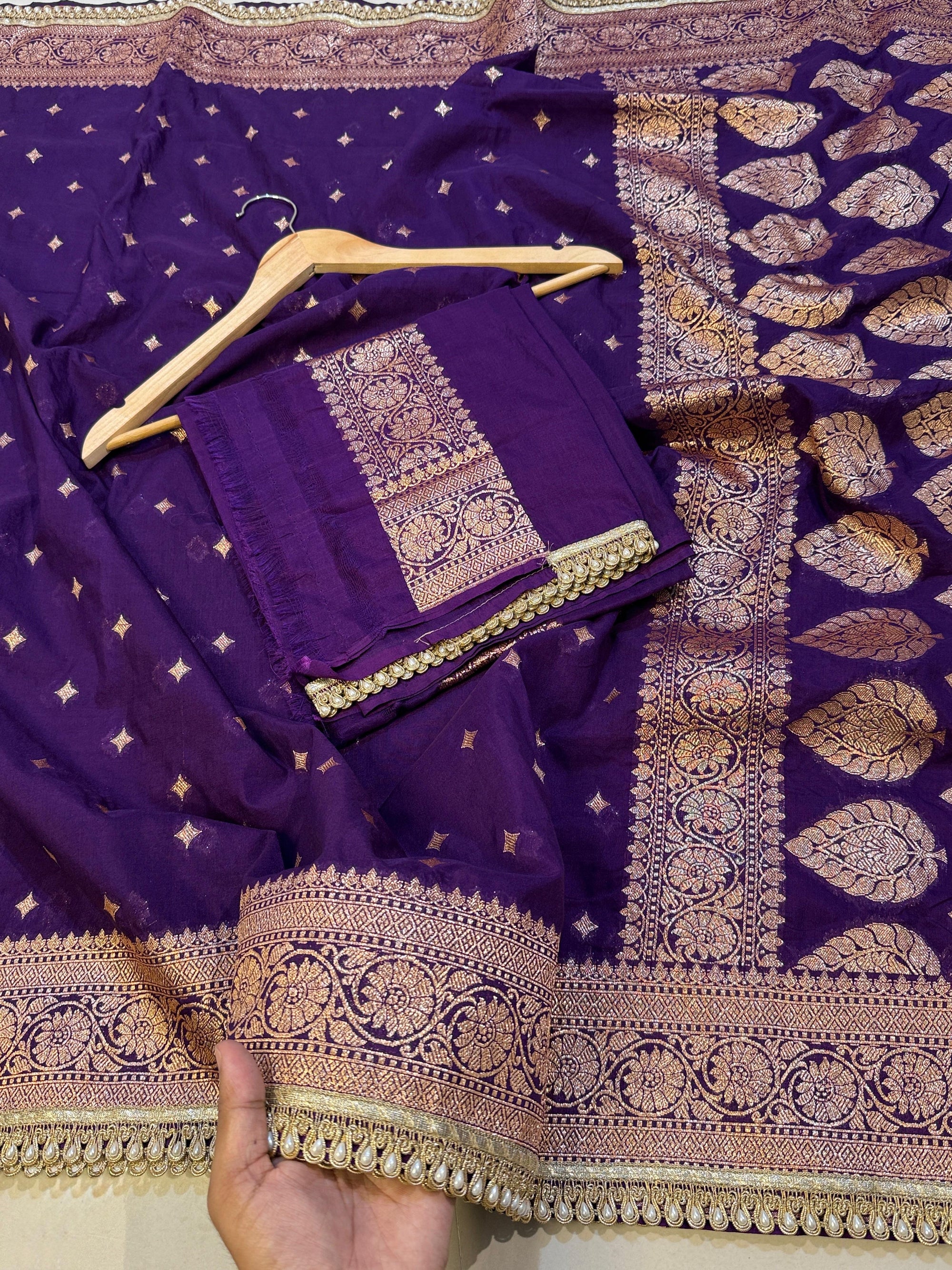 Handloom Banarasi Semi Khaddi Katan Soft Silk Saree with Pearl Lace border
