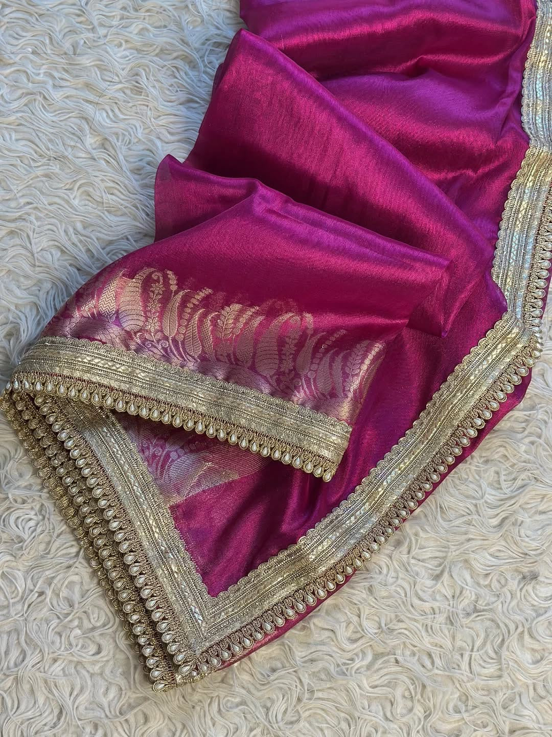 Banarasi Tissue Silk Saree with Pearl Lace Border