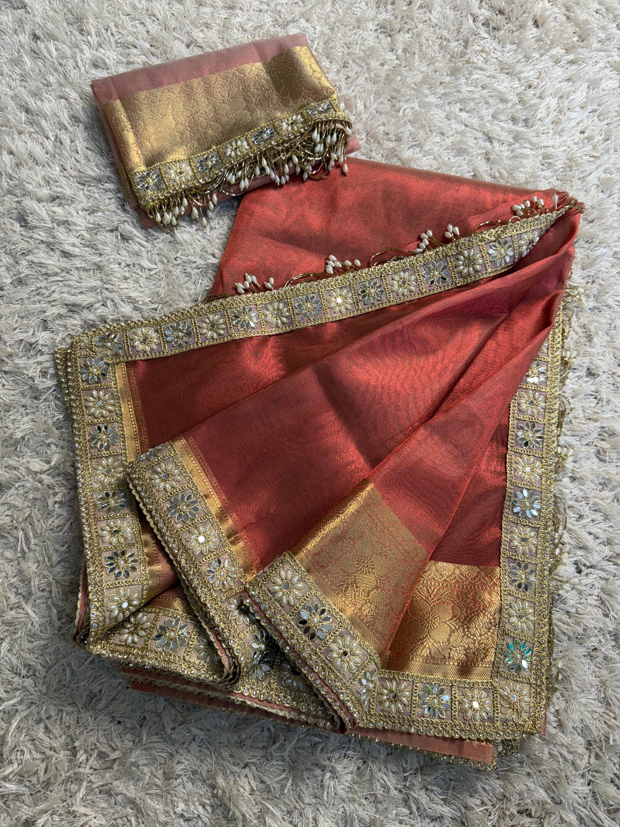Banarasi Tissue Silk Saree with Gold Zari and Pearl Lace Border