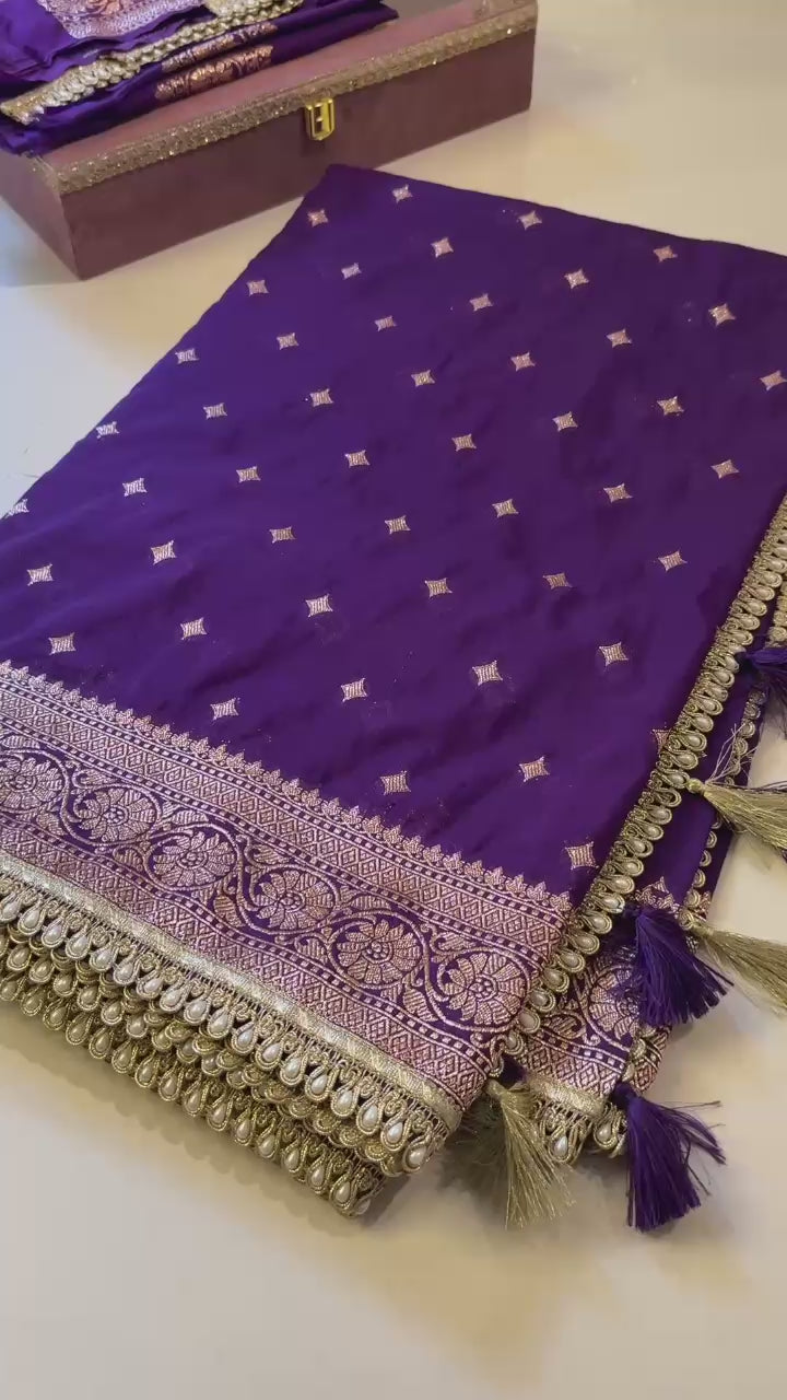 Handloom Banarasi Semi Khaddi Katan Soft Silk Saree with Pearl Lace border