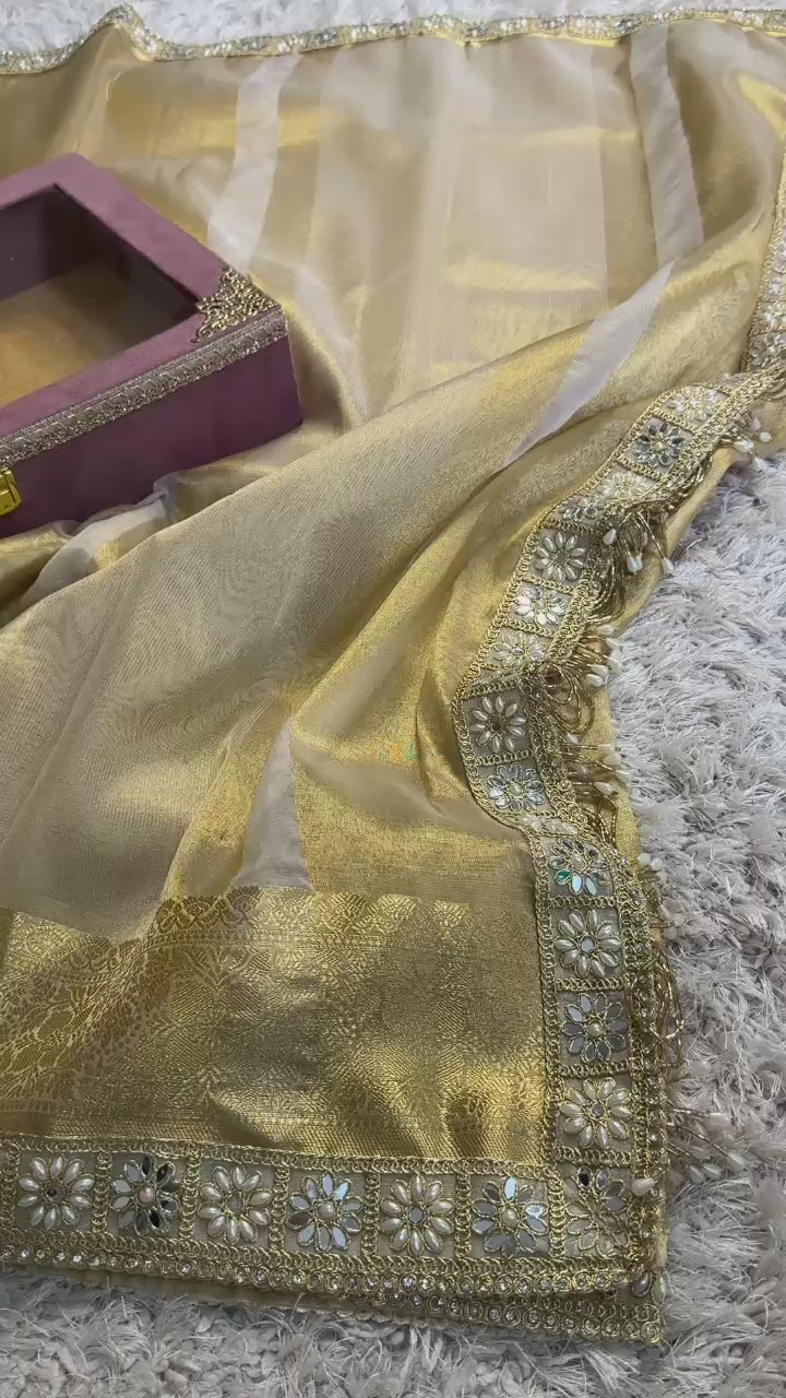Banarasi Tissue Silk Saree with Gold Zari and Pearl Lace Border