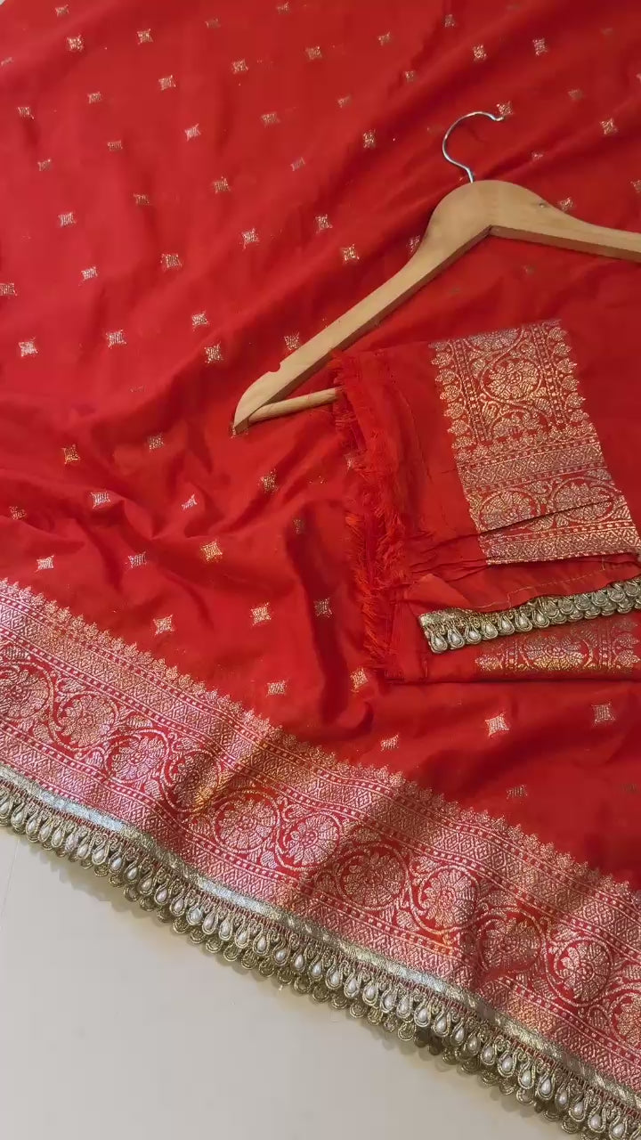 Handloom Banarasi Semi Khaddi Katan Soft Silk Saree with Pearl Lace border